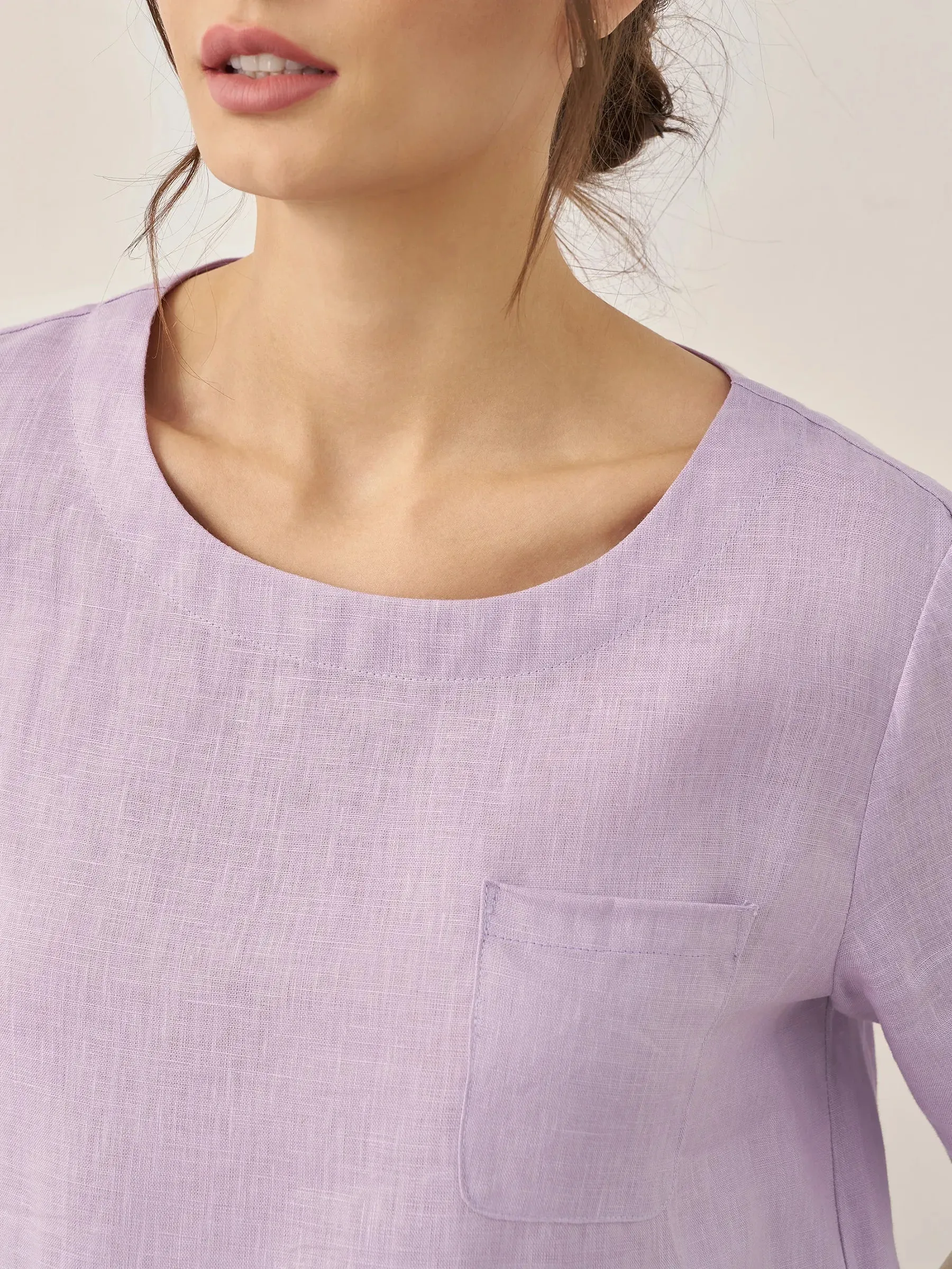 100% Linen Short-Sleeve Round Neck Button Detail Top & Pants Set