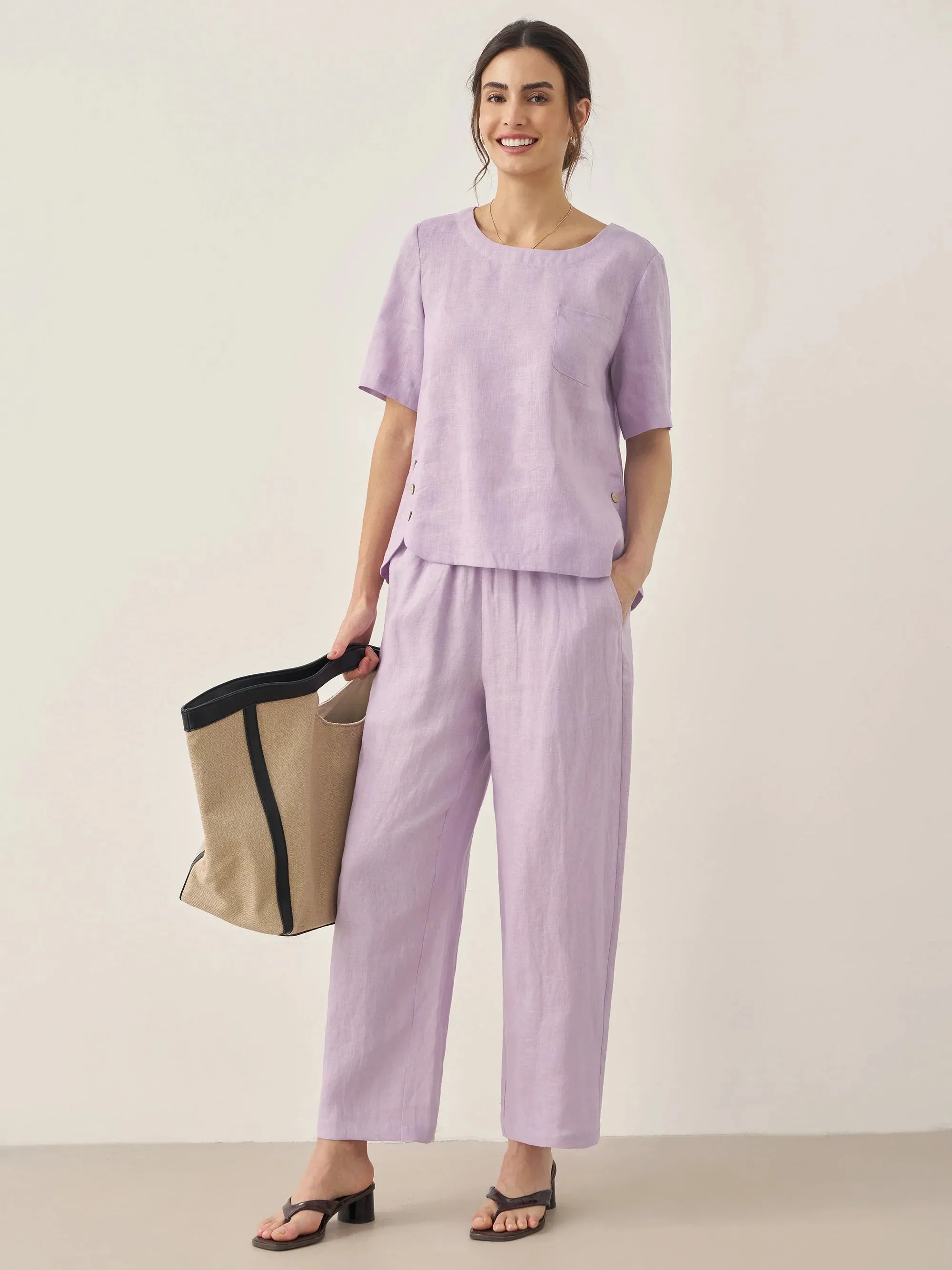 100% Linen Short-Sleeve Round Neck Button Detail Top & Pants Set