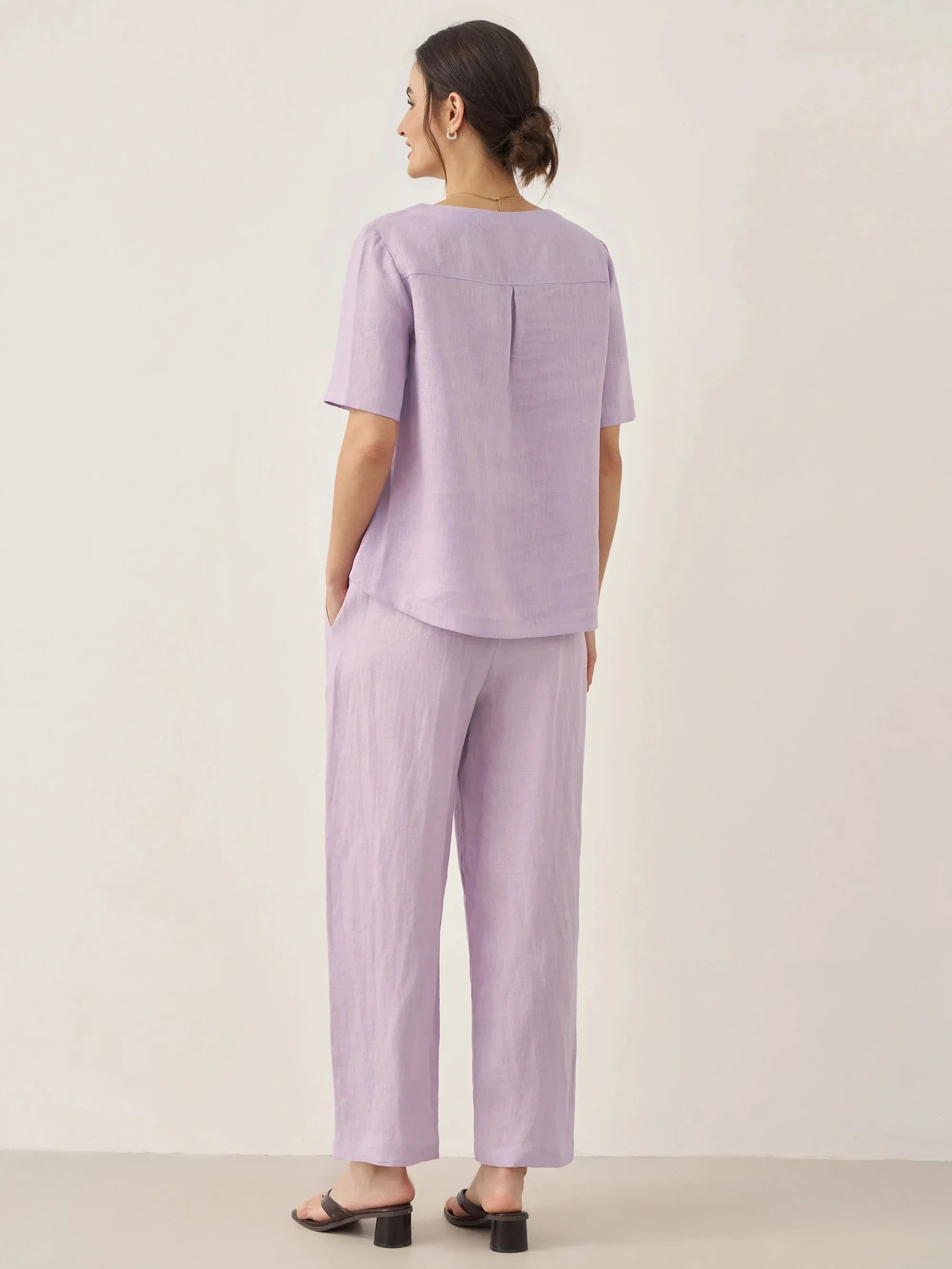 100% Linen Short-Sleeve Round Neck Button Detail Top & Pants Set
