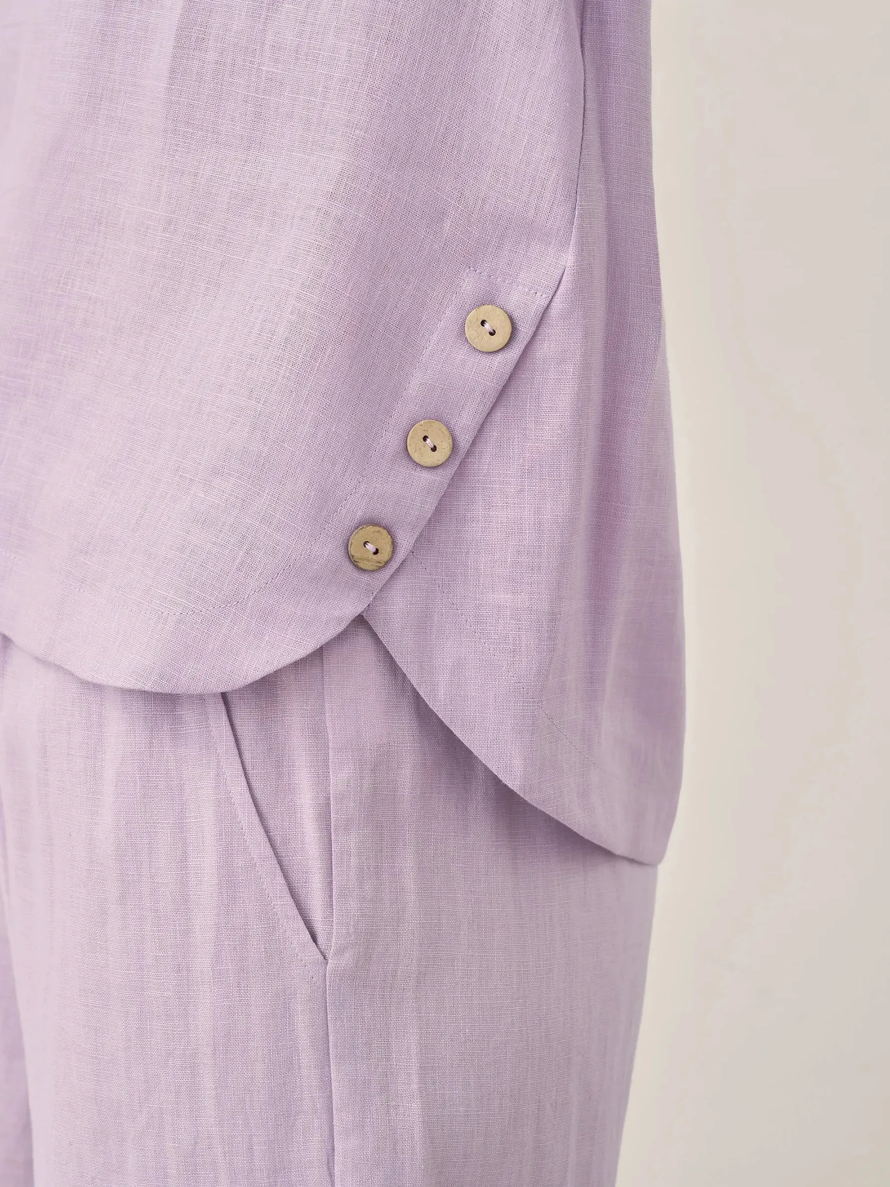 100% Linen Short-Sleeve Round Neck Button Detail Top & Pants Set