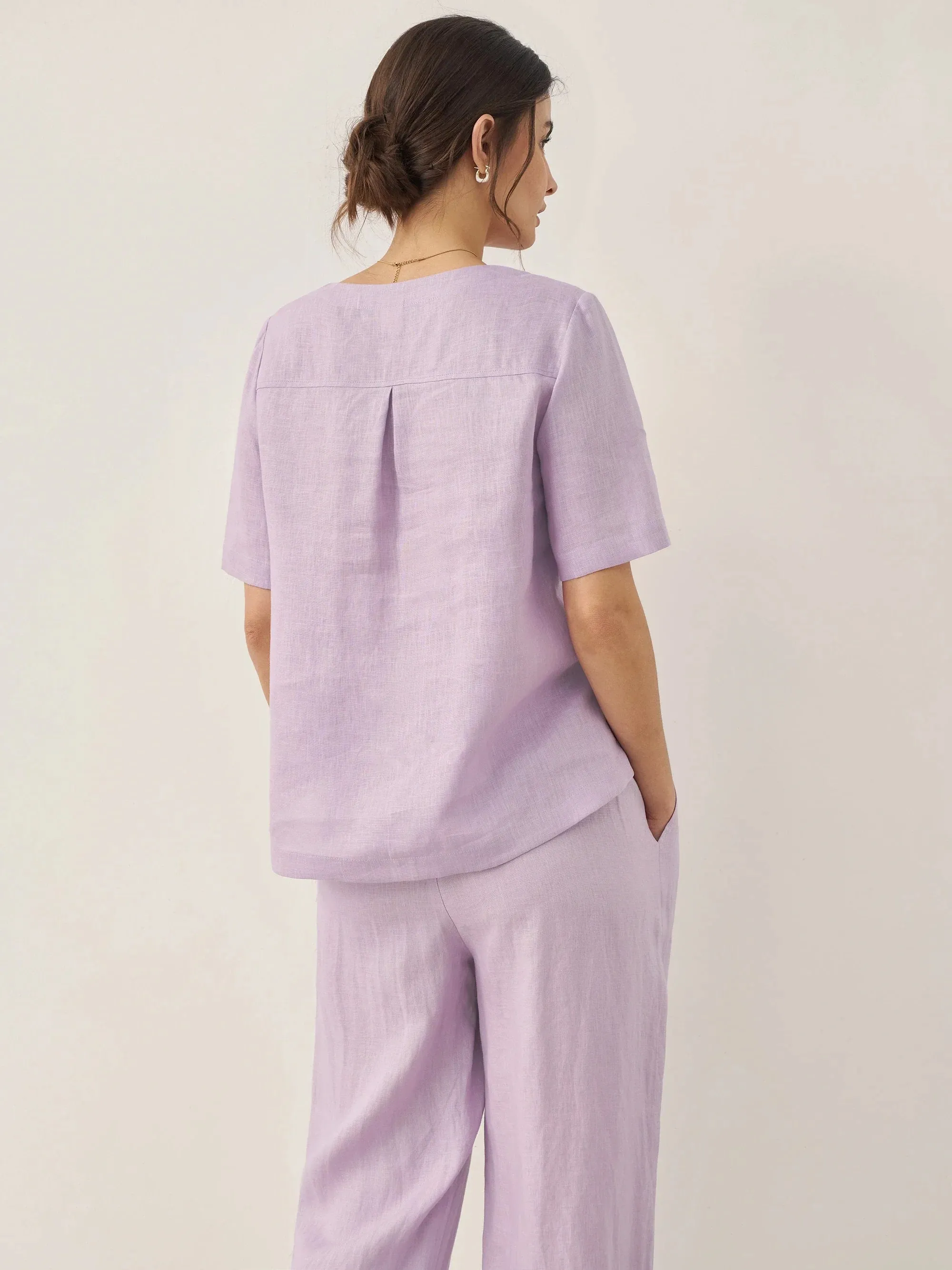 100% Linen Short-Sleeve Round Neck Button Detail Top & Pants Set