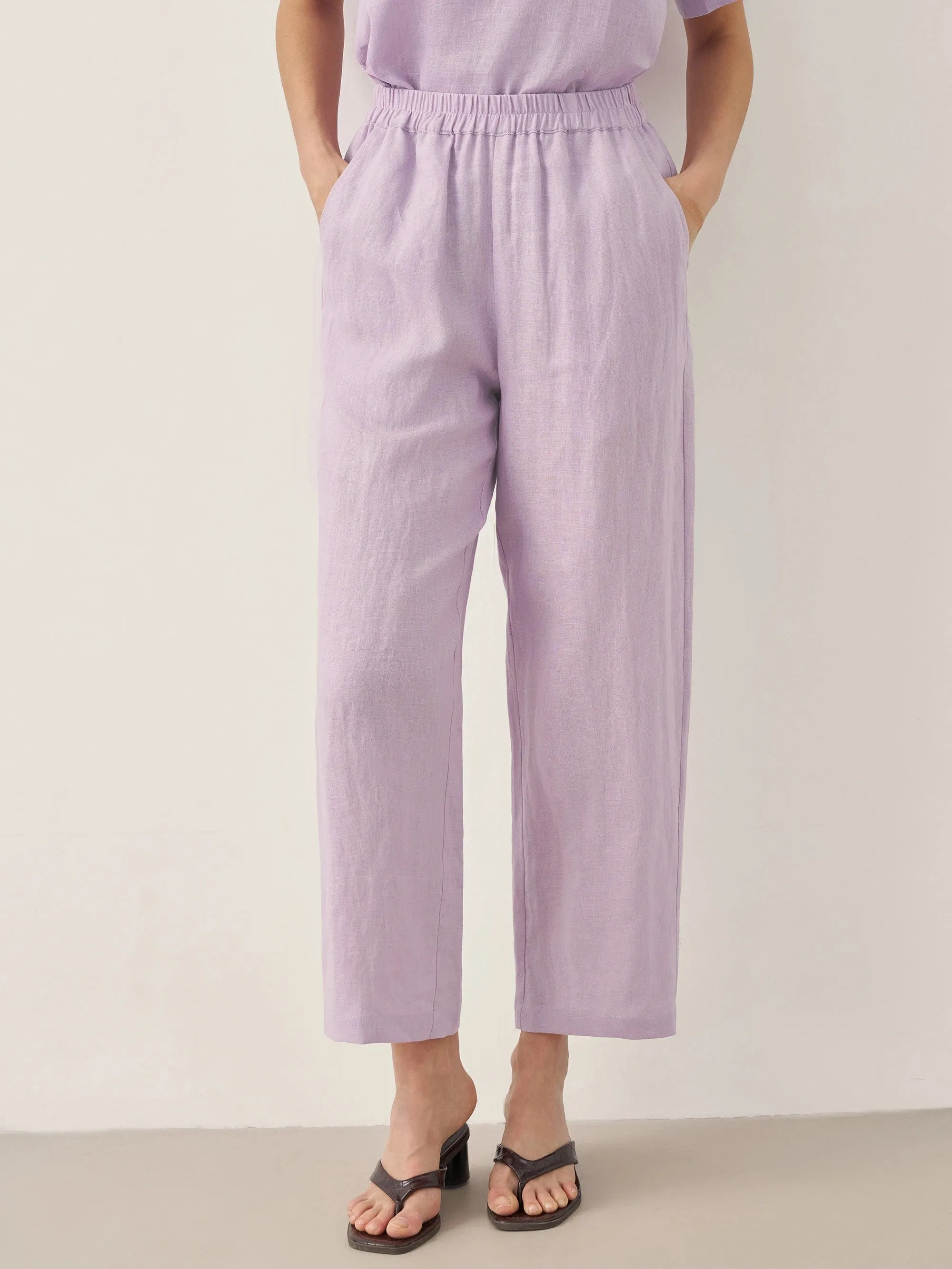 100% Linen Short-Sleeve Round Neck Button Detail Top & Pants Set