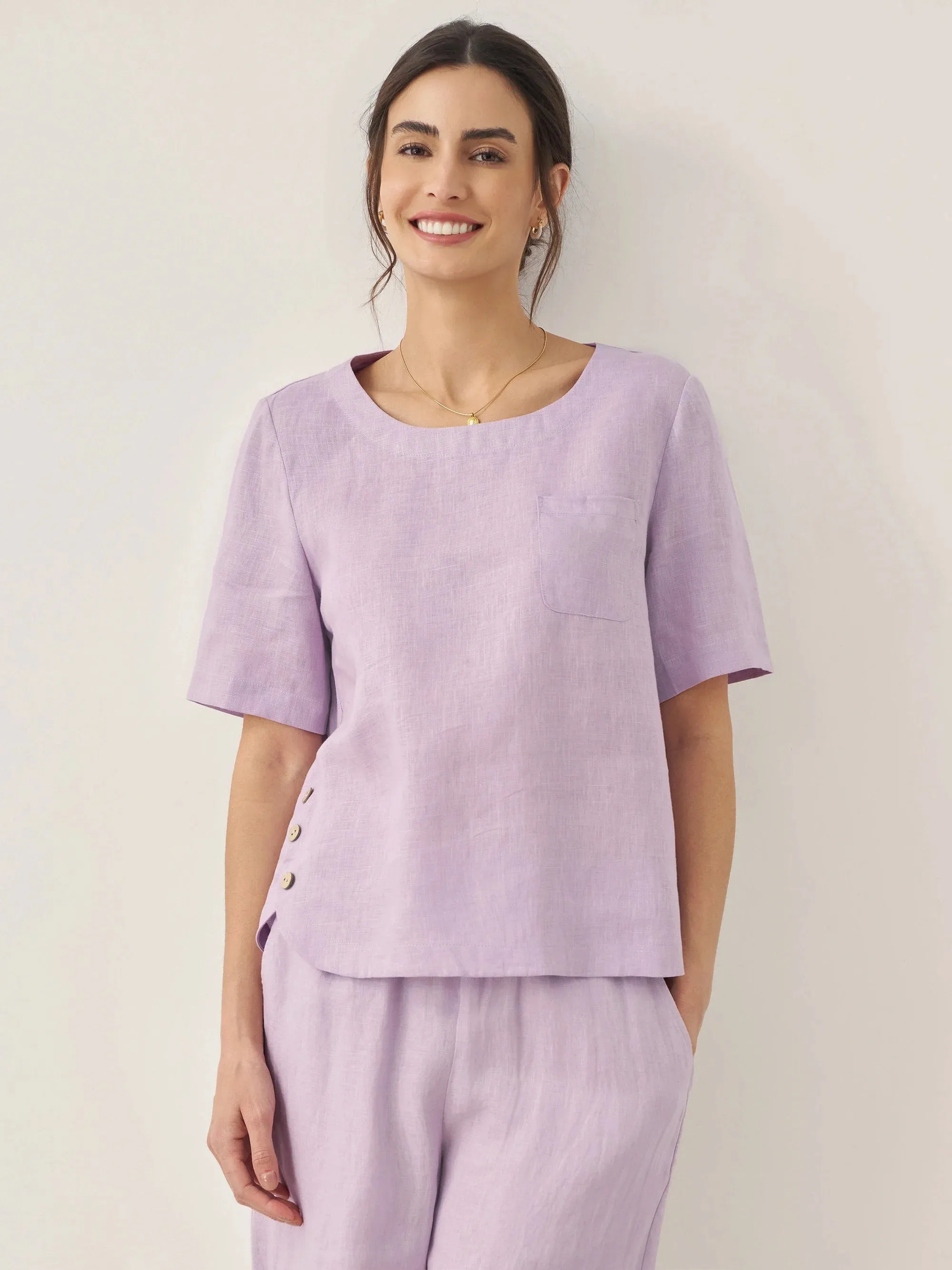 100% Linen Short-Sleeve Round Neck Button Detail Top & Pants Set