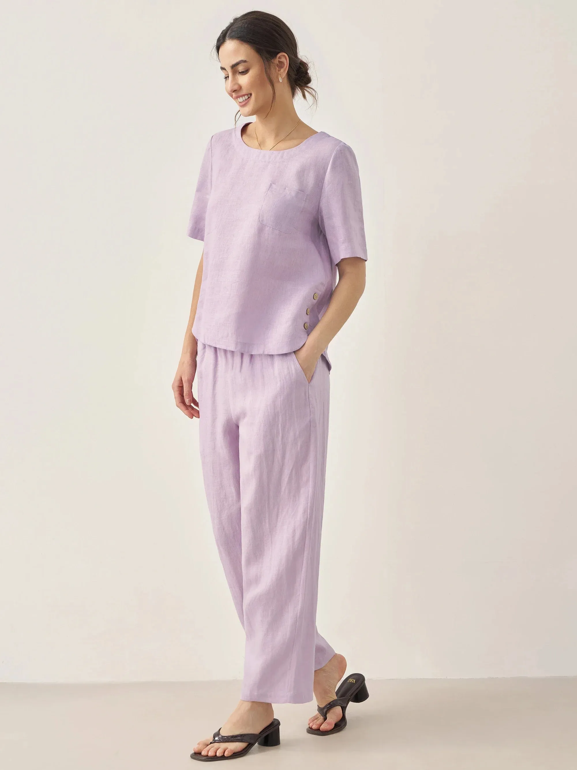 100% Linen Short-Sleeve Round Neck Button Detail Top & Pants Set
