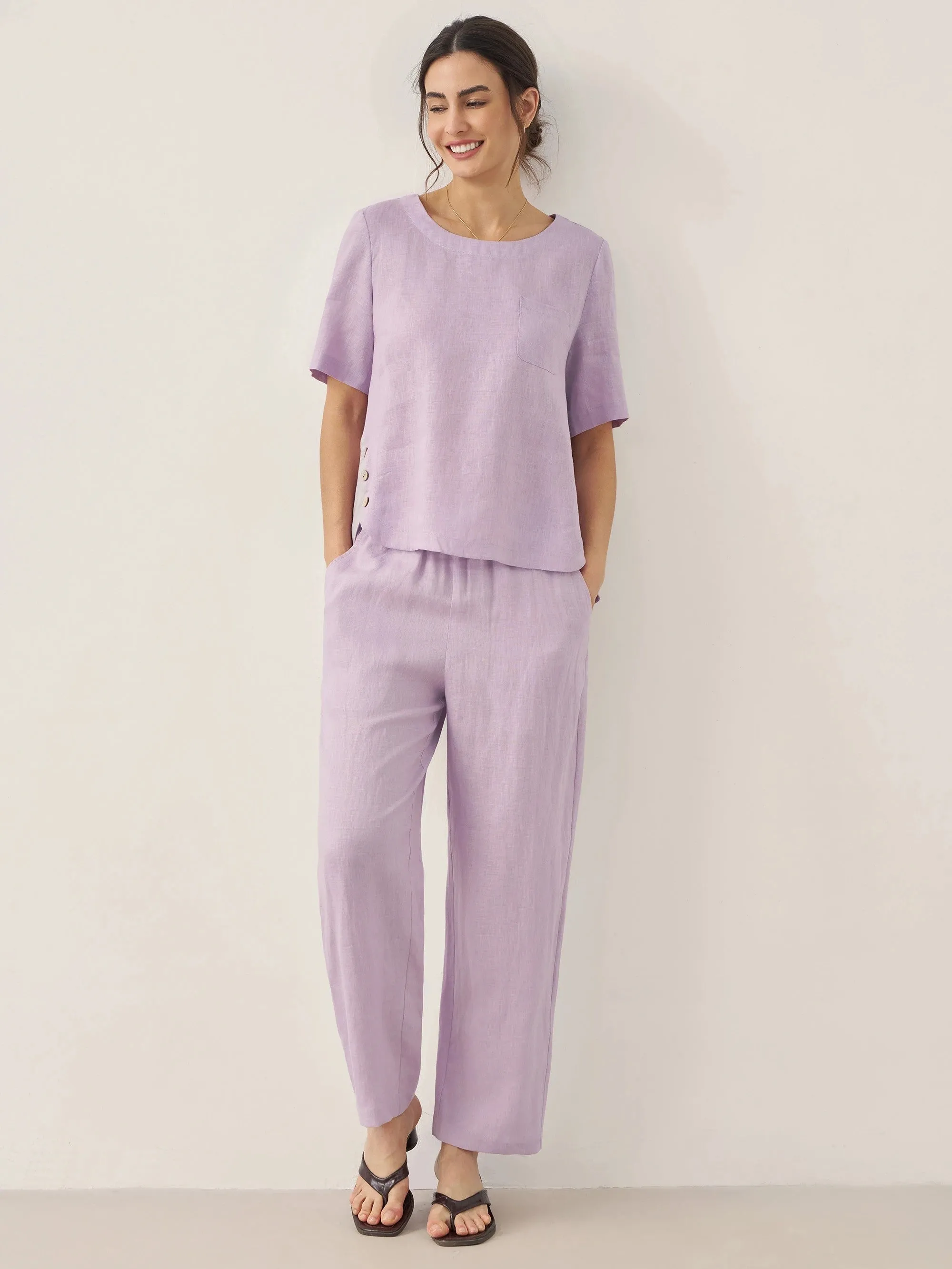 100% Linen Short-Sleeve Round Neck Button Detail Top & Pants Set