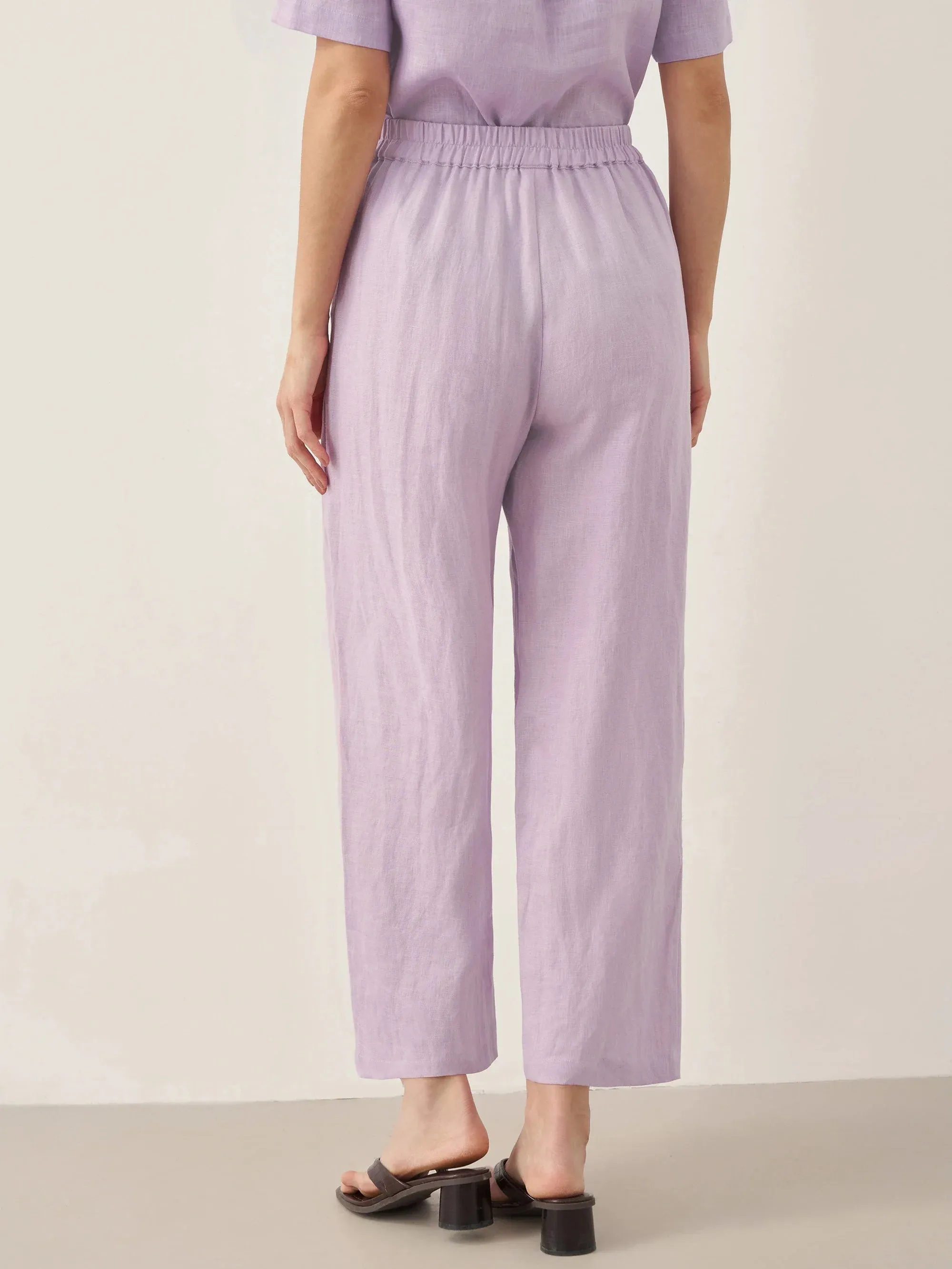 100% Linen Short-Sleeve Round Neck Button Detail Top & Pants Set
