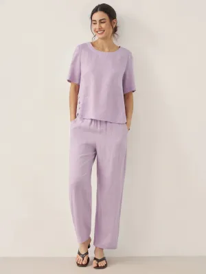 100% Linen Short-Sleeve Round Neck Button Detail Top & Pants Set