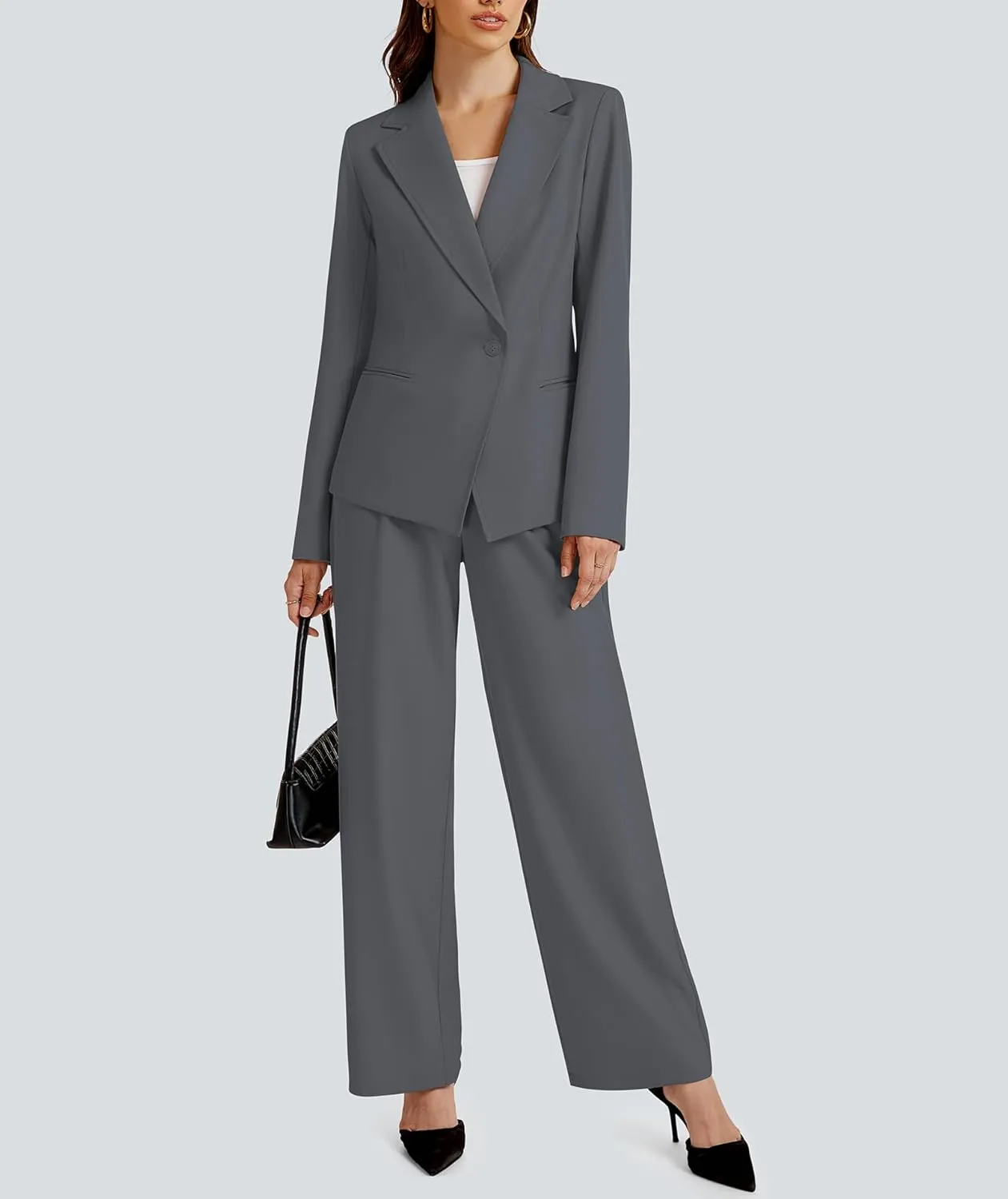 2 Piece Outfits for Women Business Casual Asymmetrical Blazer Jacket and Wide Leg Pants Matching Suit Sets