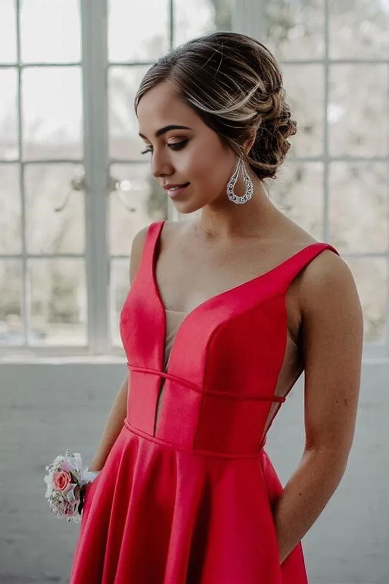 A Line Simple V-Neck Satin formal dresses evening gown Prom Dresses with Pockets