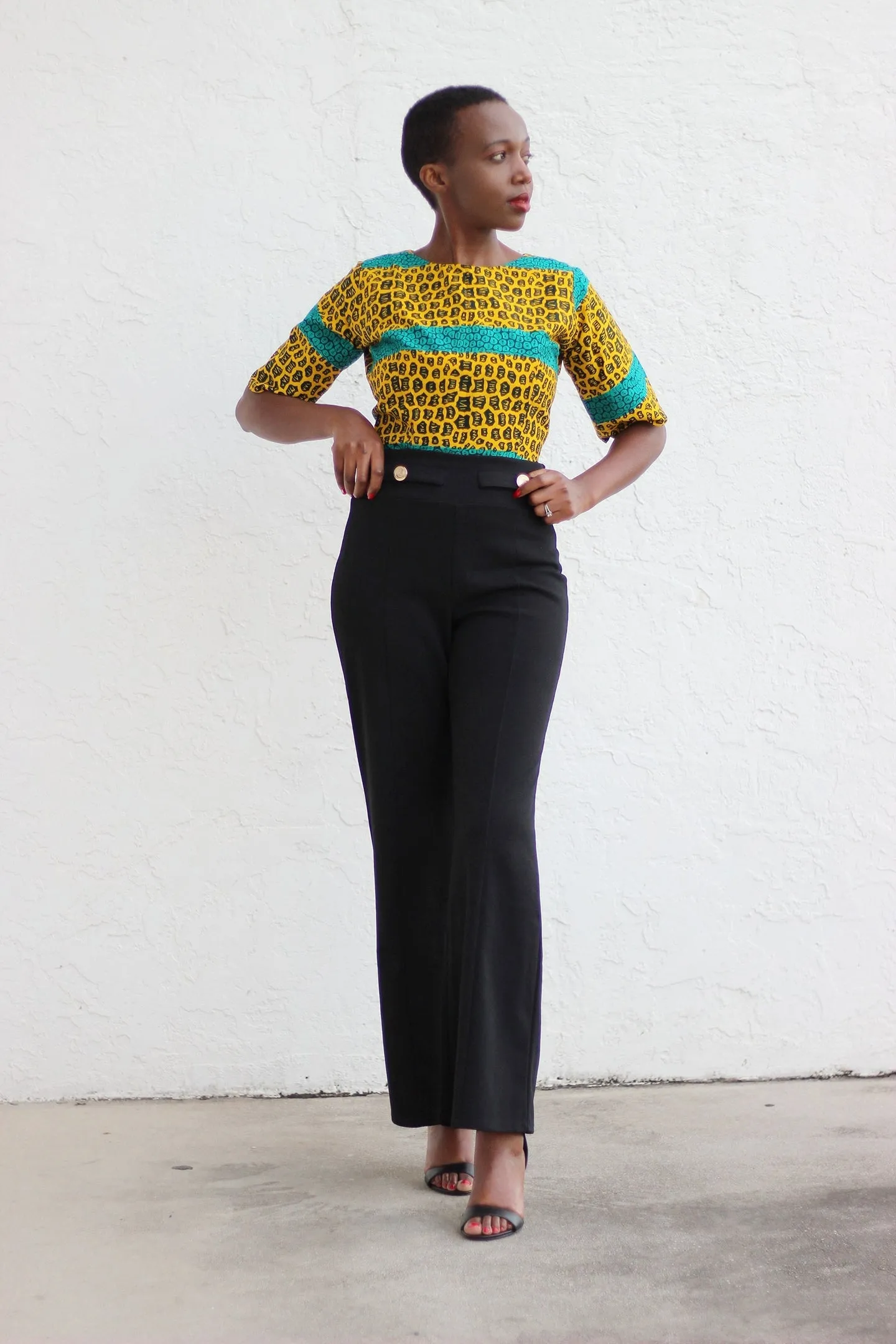 African Print/Kitenge/Ankara Shortsleeved Crop Top - Yellow /Turqoise/Black African Print