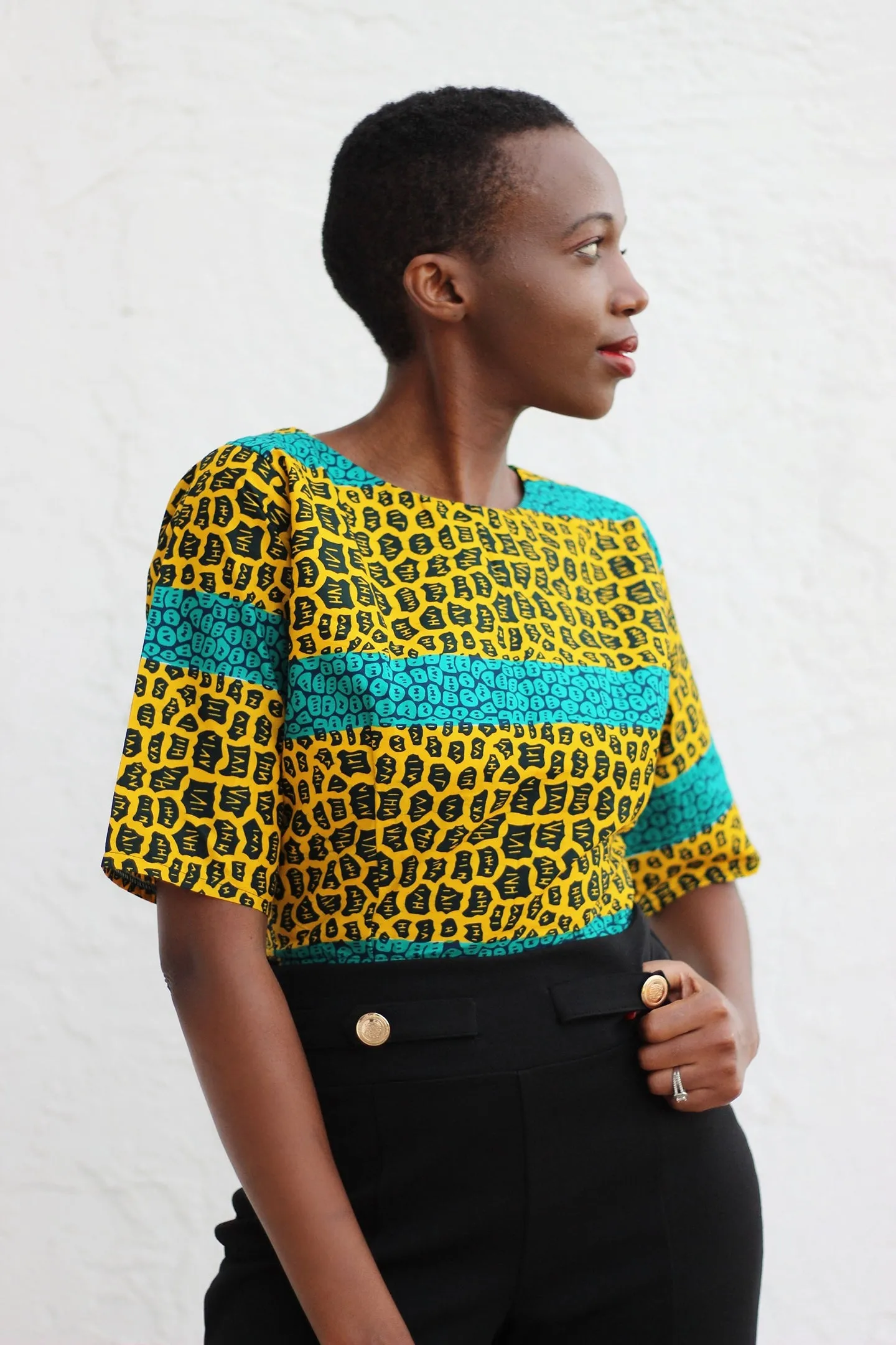 African Print/Kitenge/Ankara Shortsleeved Crop Top - Yellow /Turqoise/Black African Print