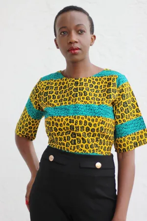African Print/Kitenge/Ankara Shortsleeved Crop Top - Yellow /Turqoise/Black African Print