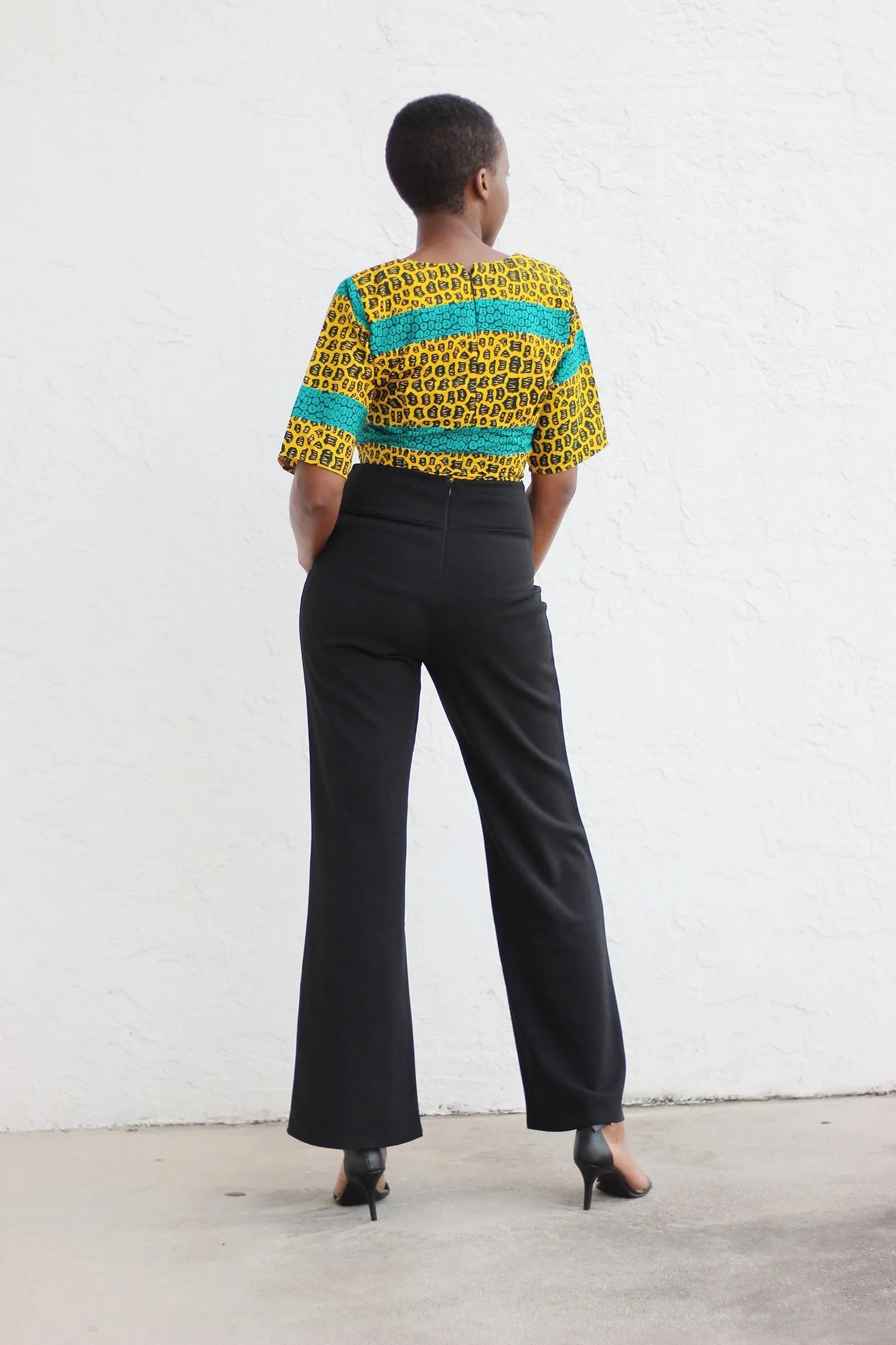 African Print/Kitenge/Ankara Shortsleeved Crop Top - Yellow /Turqoise/Black African Print