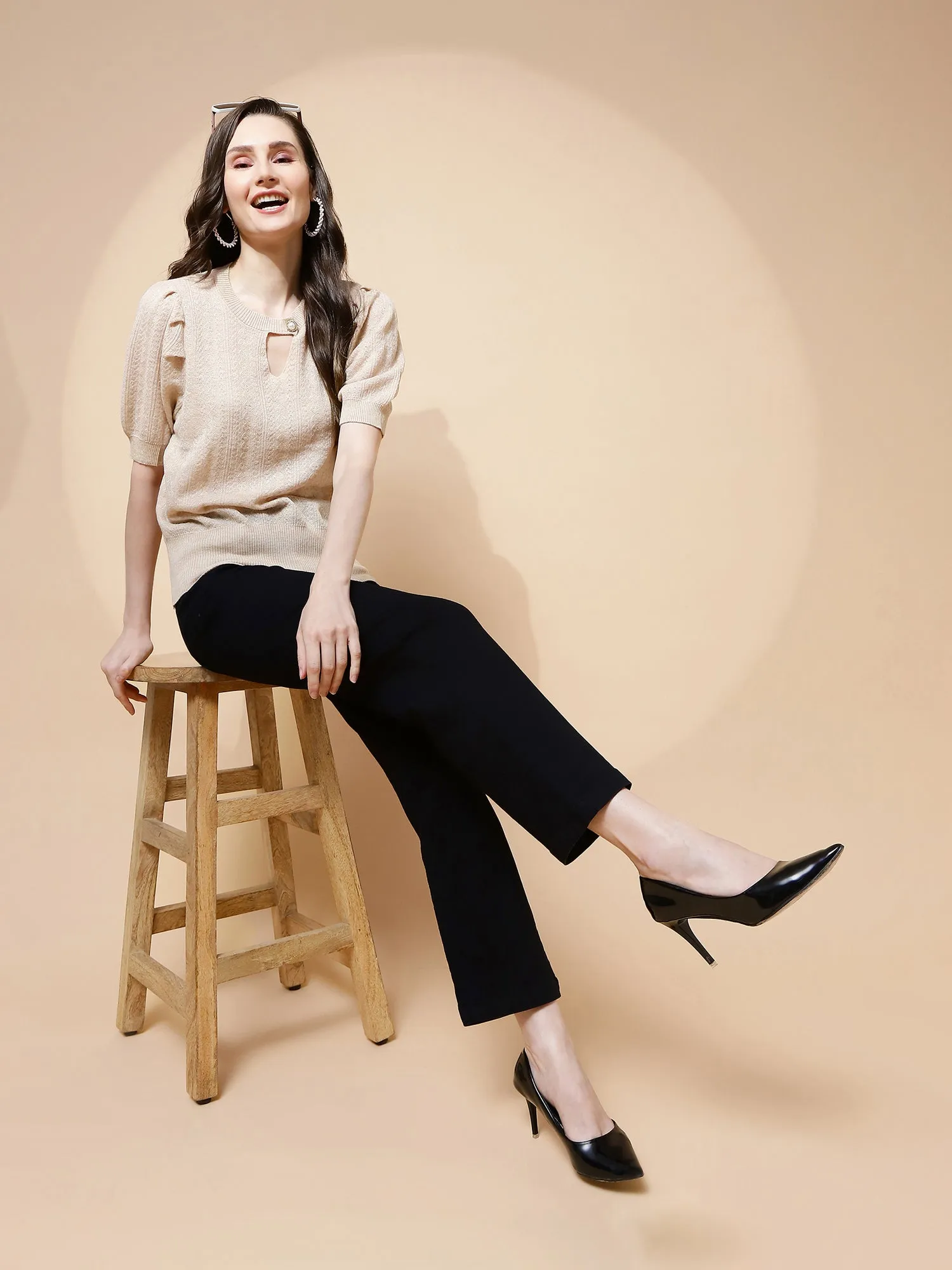 Beige Polyester Blend Regular Fit Top For Women