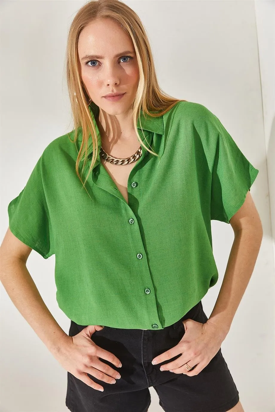 Black Cotton Short Sleeve Blouse