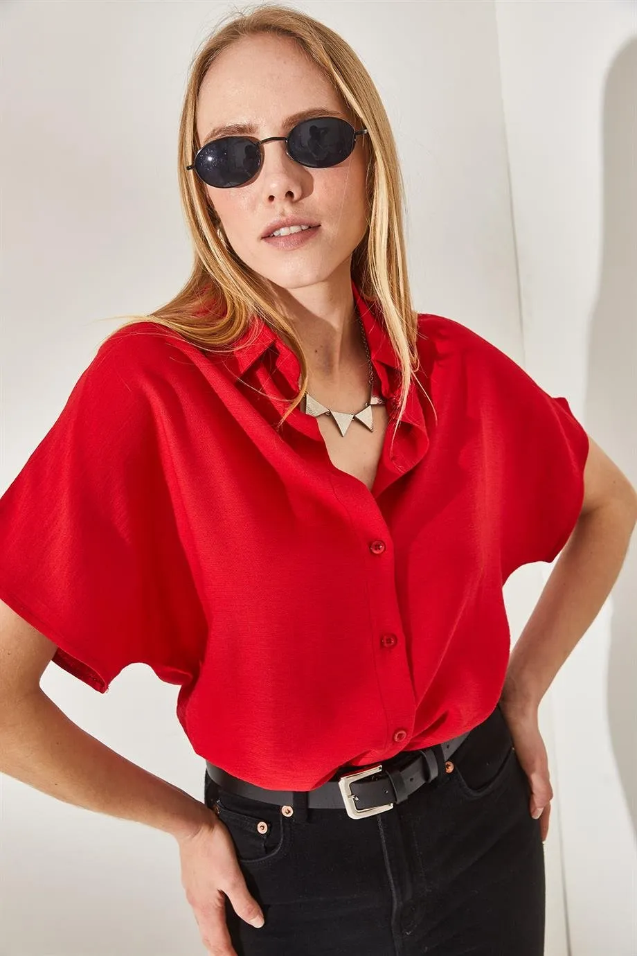 Black Cotton Short Sleeve Blouse