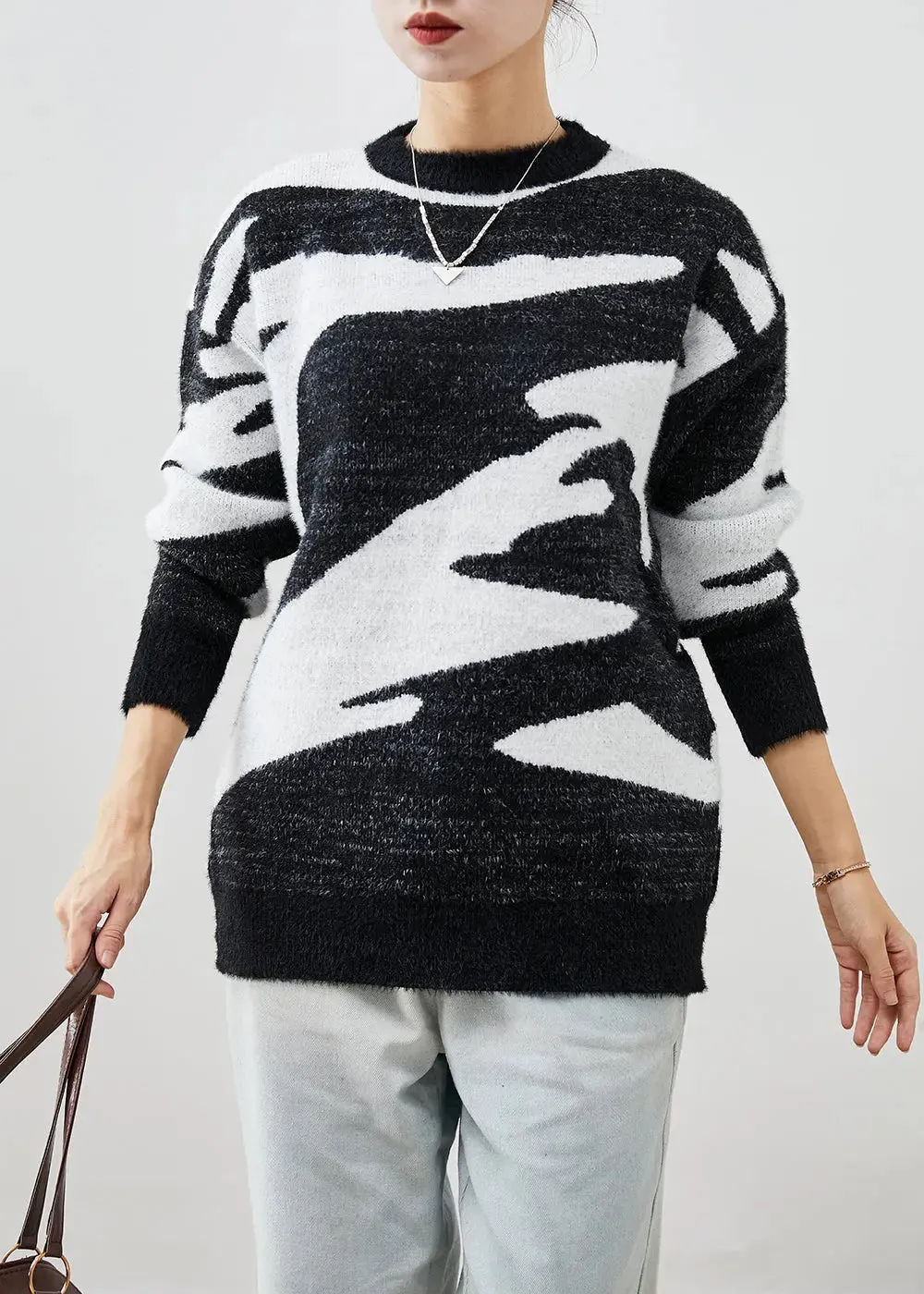 Black Thick Cow Print Knit Short Sweater