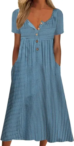 Boho Dress for Womens Summer Short Sleeve V Neck Button Midi Dresses Casual Loose Vacation Clothes with Pockets