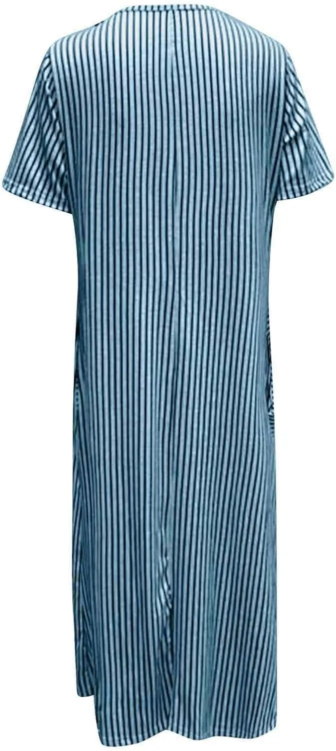 Boho Dress for Womens Summer Short Sleeve V Neck Button Midi Dresses Casual Loose Vacation Clothes with Pockets