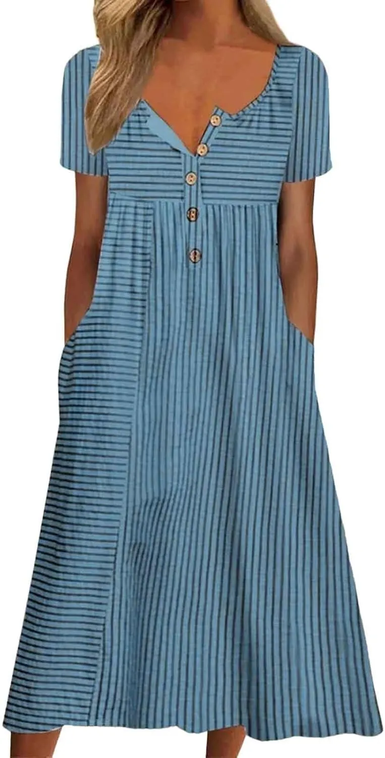 Boho Dress for Womens Summer Short Sleeve V Neck Button Midi Dresses Casual Loose Vacation Clothes with Pockets