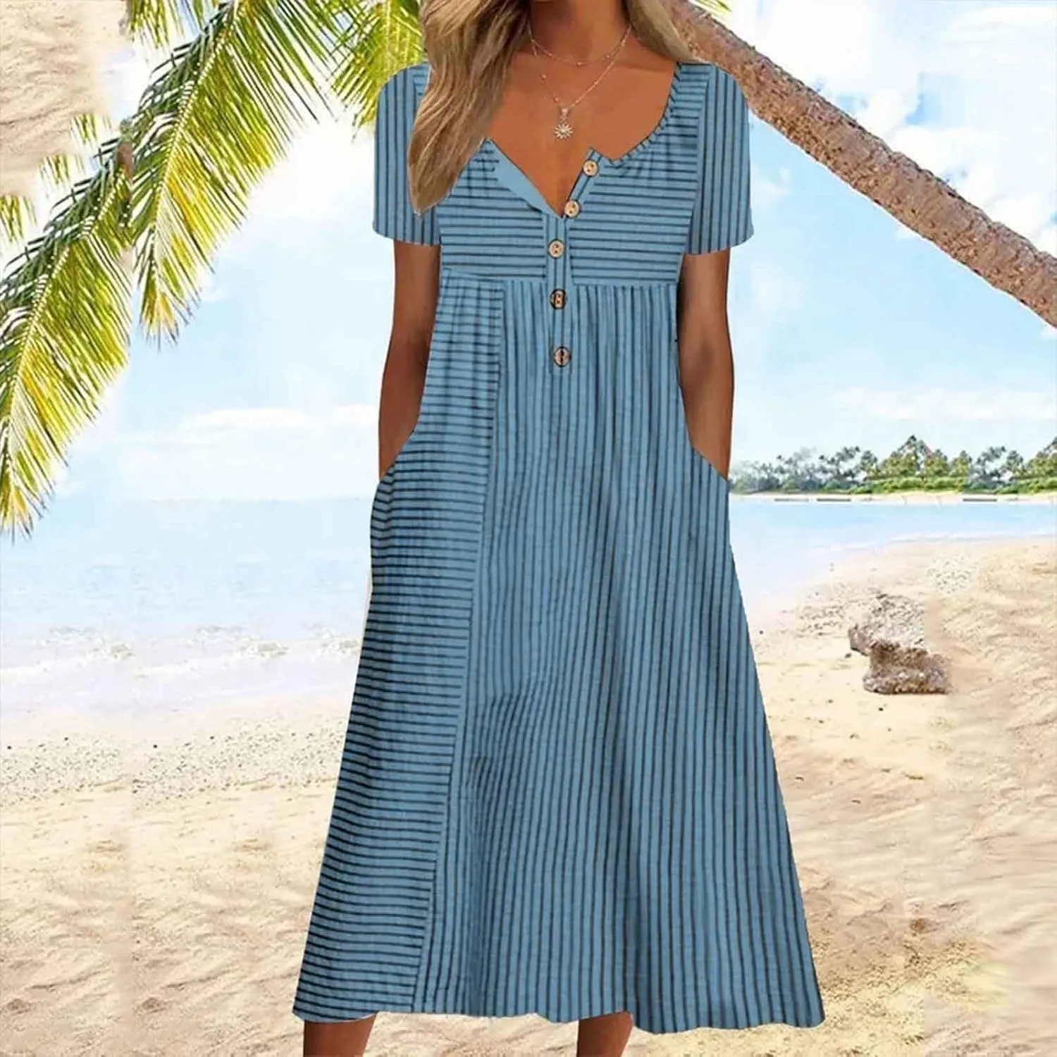 Boho Dress for Womens Summer Short Sleeve V Neck Button Midi Dresses Casual Loose Vacation Clothes with Pockets