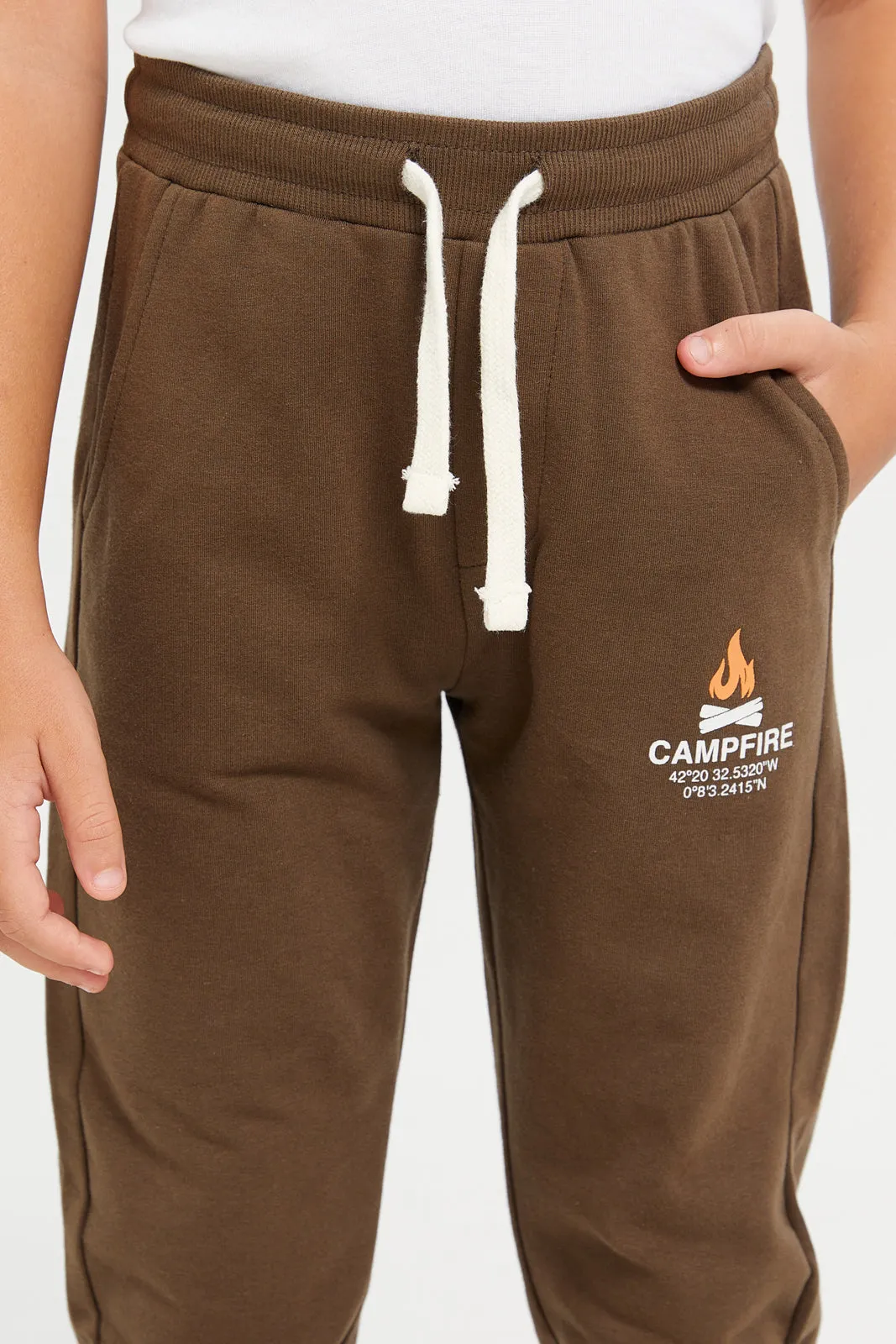 Boys Brown Stretch Printed Track Pant