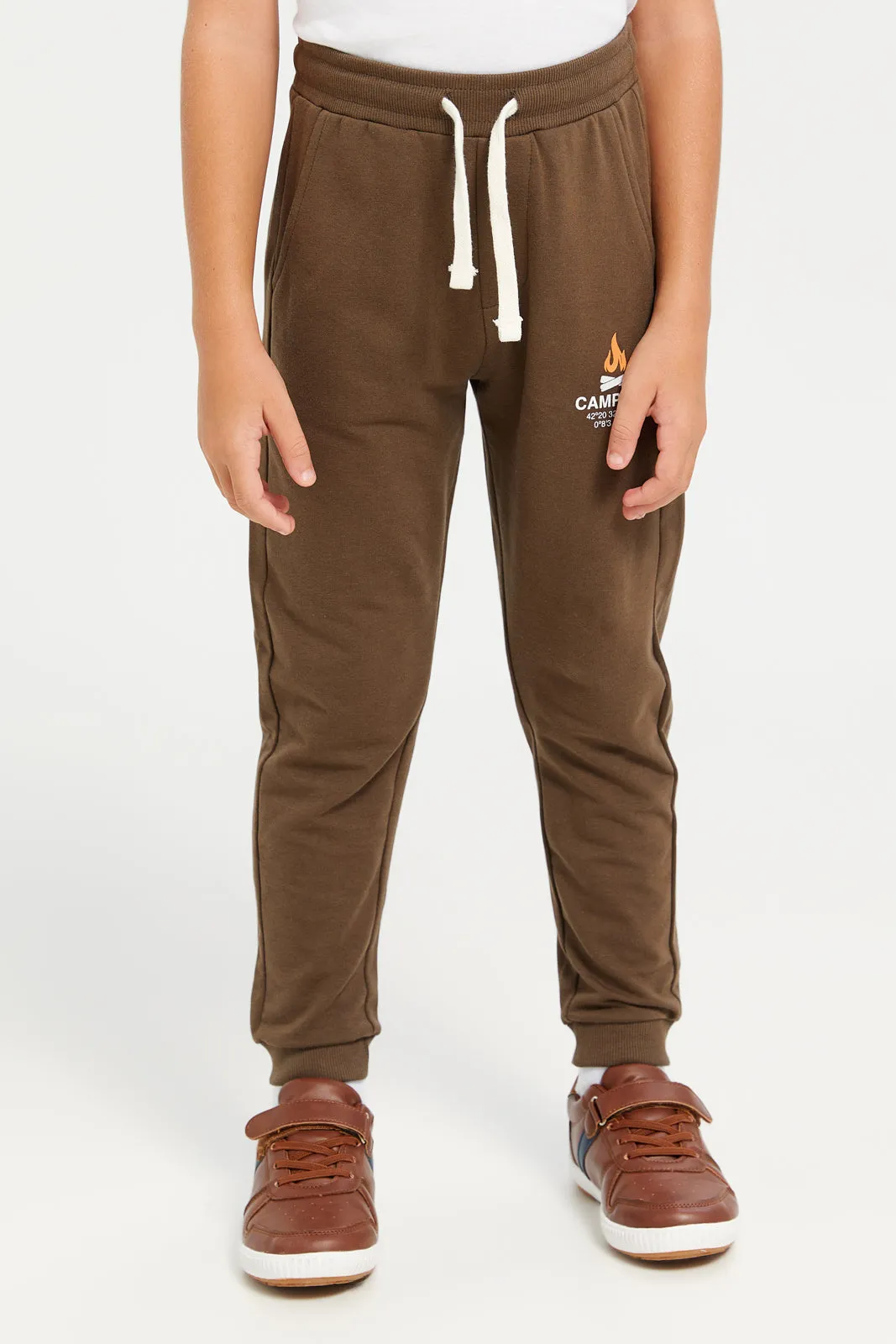 Boys Brown Stretch Printed Track Pant