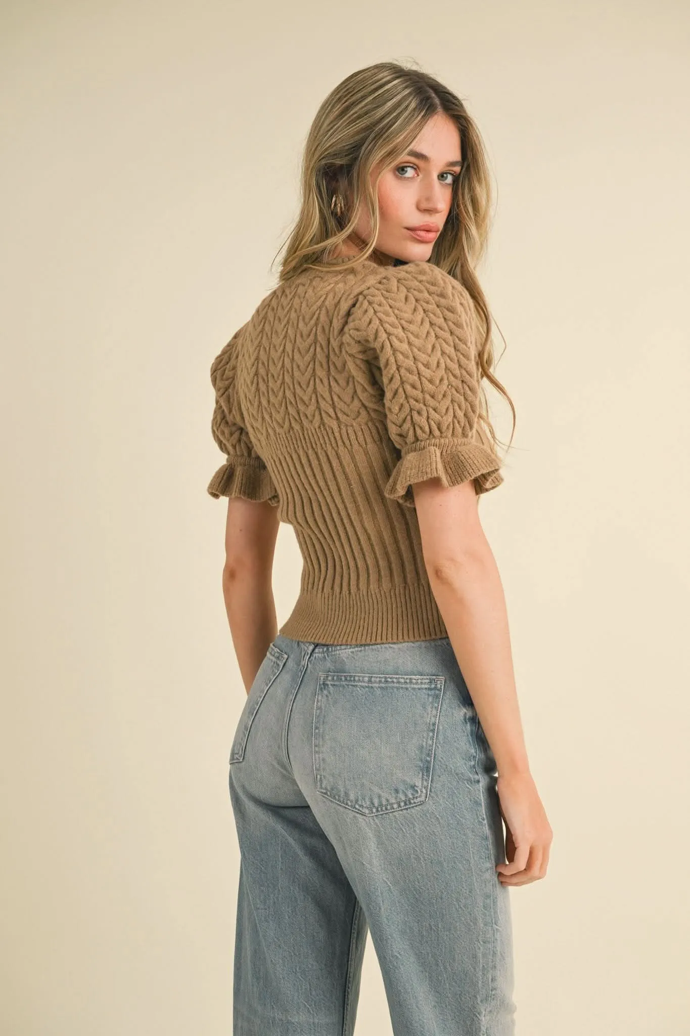 Cable Knit Ruffled Puff Sleeve Sweater-Mocha