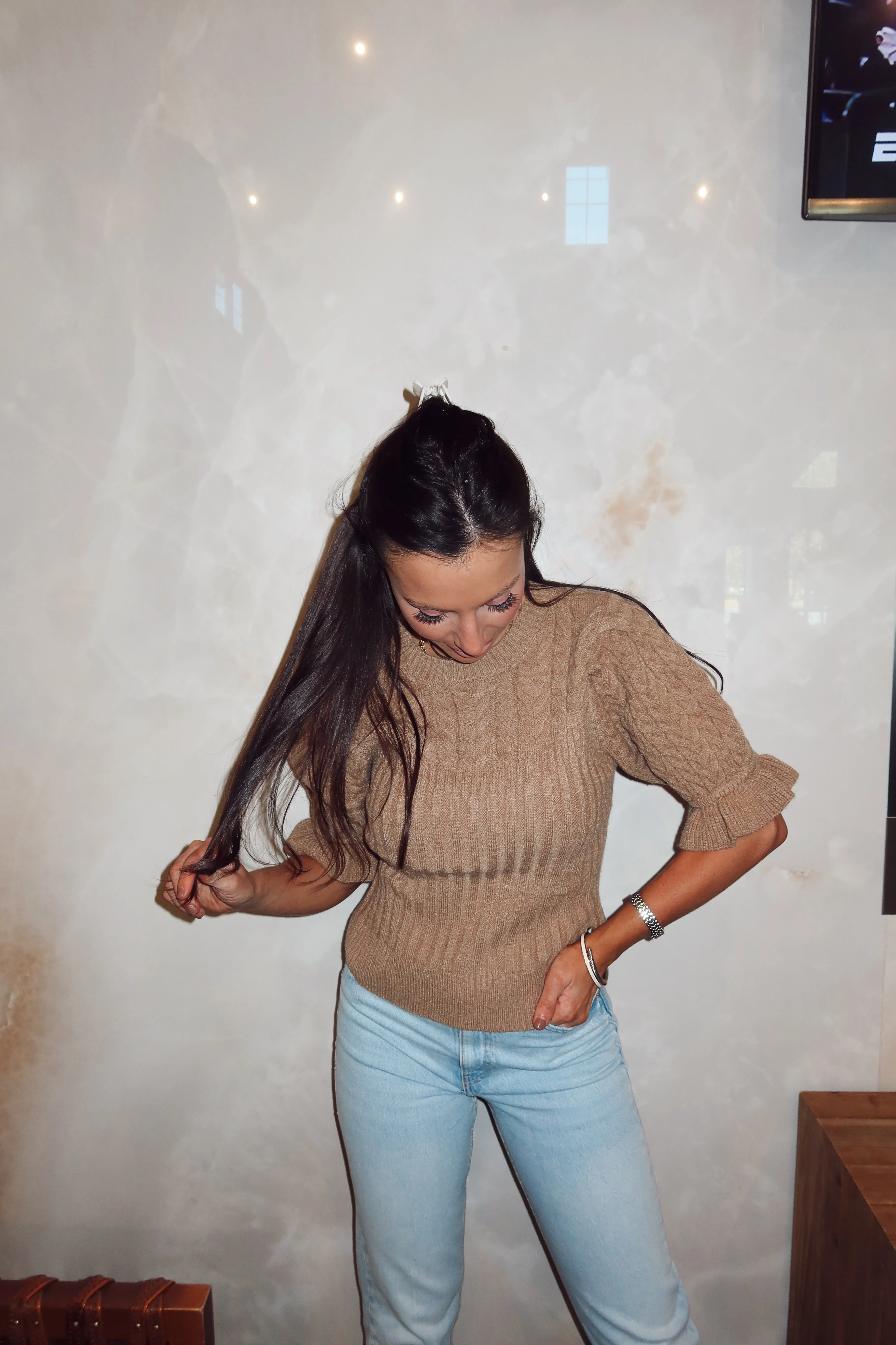 Cable Knit Ruffled Puff Sleeve Sweater-Mocha