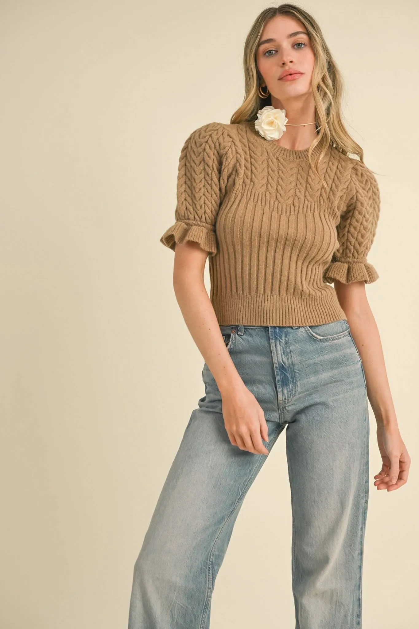 Cable Knit Ruffled Puff Sleeve Sweater-Mocha