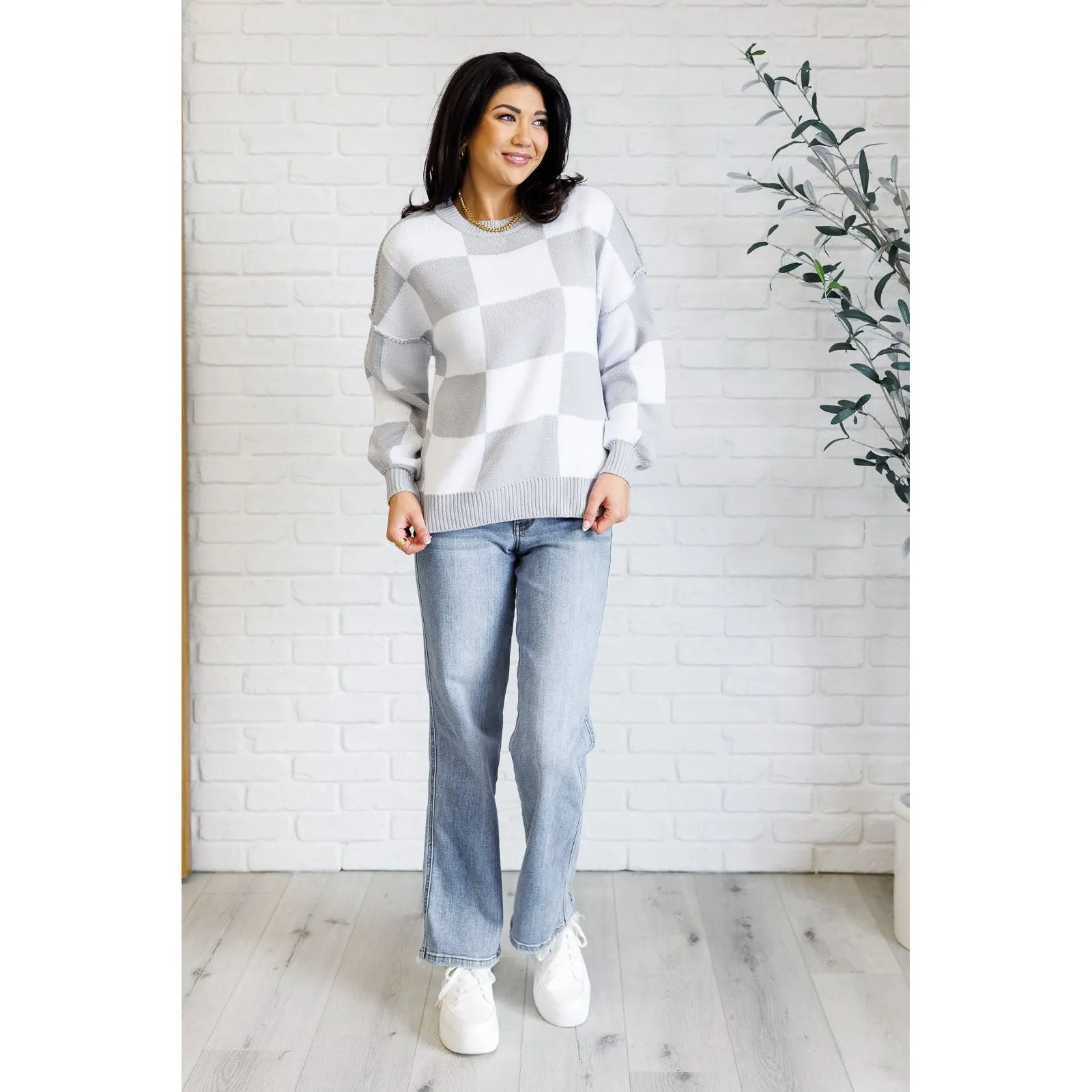 Check Yourself Checkered Sweater in Grey
