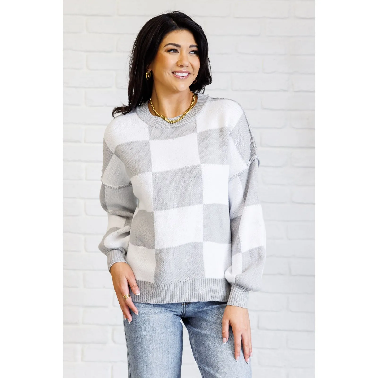 Check Yourself Checkered Sweater in Grey