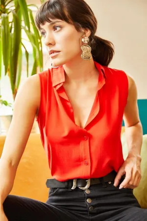 Classic Red Sleeveless Button Down Shirt