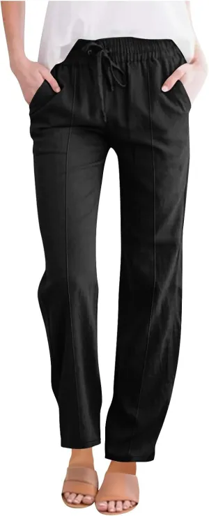 Cotton Linen Pant Women Drawstring High Waisted Dress Pants Straight Leg Jogger Sweatpants Summer Beach Slacks Clothes