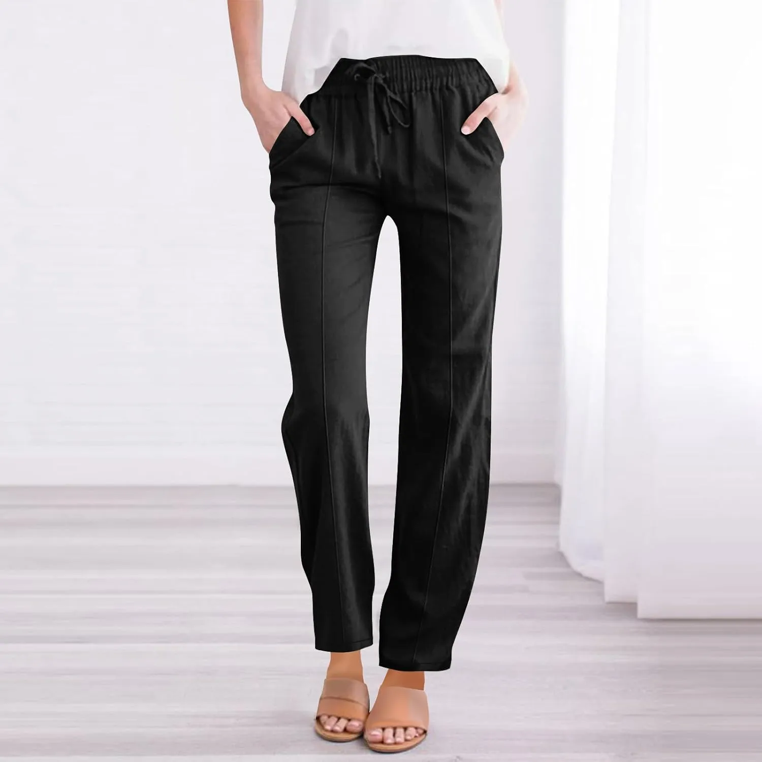 Cotton Linen Pant Women Drawstring High Waisted Dress Pants Straight Leg Jogger Sweatpants Summer Beach Slacks Clothes