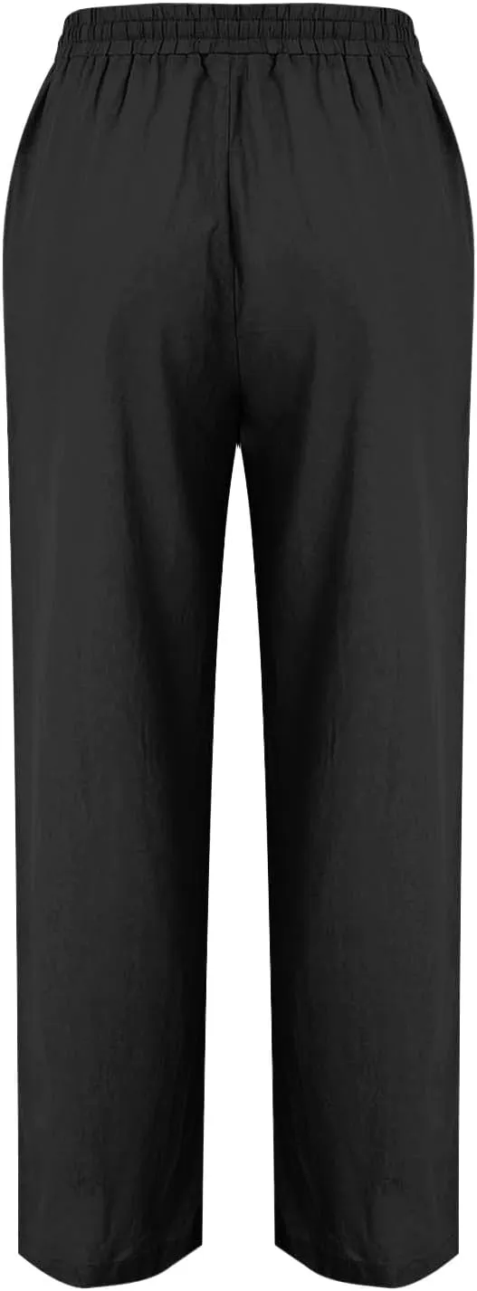 Cotton Linen Pant Women Drawstring High Waisted Dress Pants Straight Leg Jogger Sweatpants Summer Beach Slacks Clothes