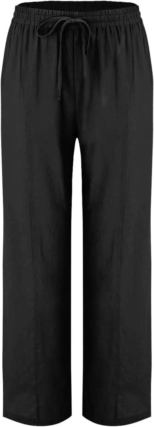 Cotton Linen Pant Women Drawstring High Waisted Dress Pants Straight Leg Jogger Sweatpants Summer Beach Slacks Clothes