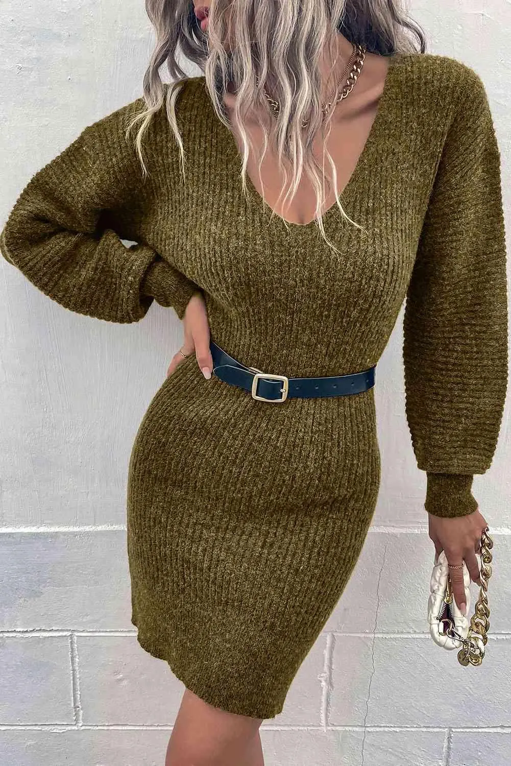 Cozy Appeal Rib Knit Deep V Neck Sweater Dress