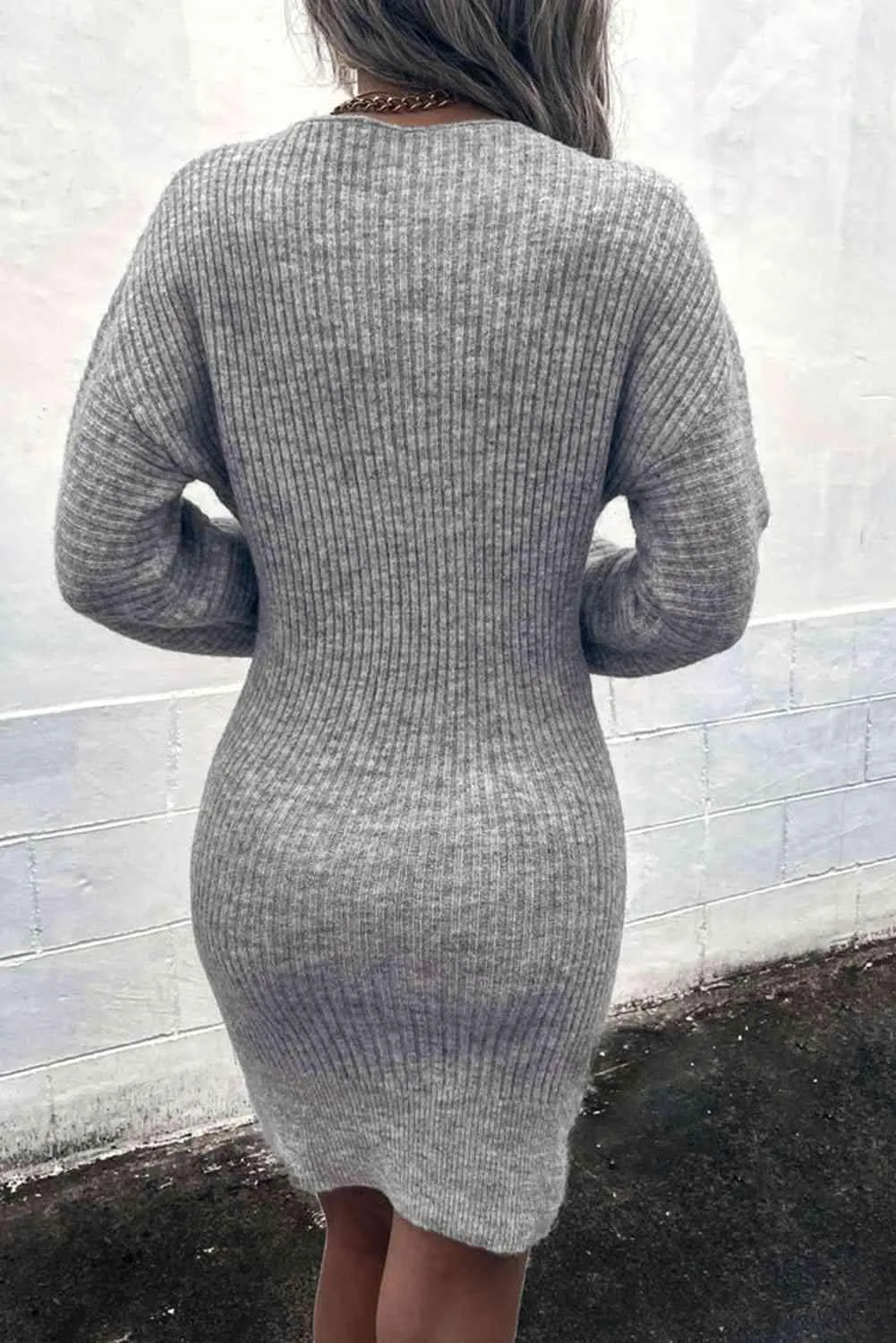 Cozy Appeal Rib Knit Deep V Neck Sweater Dress