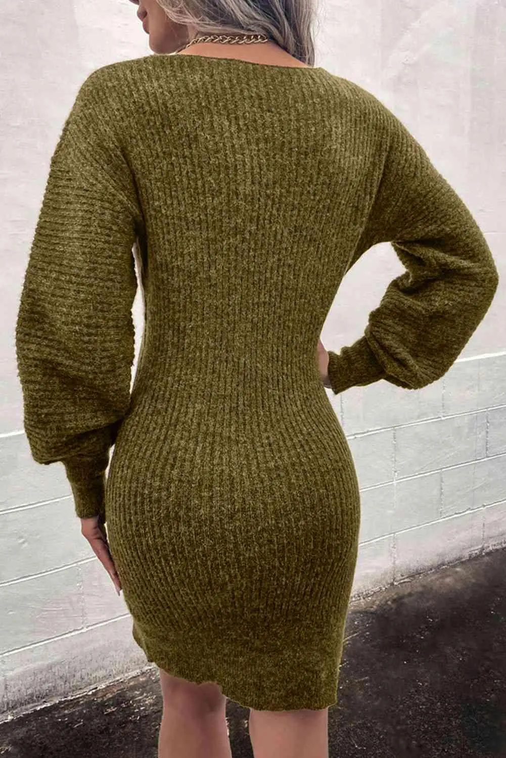 Cozy Appeal Rib Knit Deep V Neck Sweater Dress
