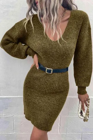 Cozy Appeal Rib Knit Deep V Neck Sweater Dress