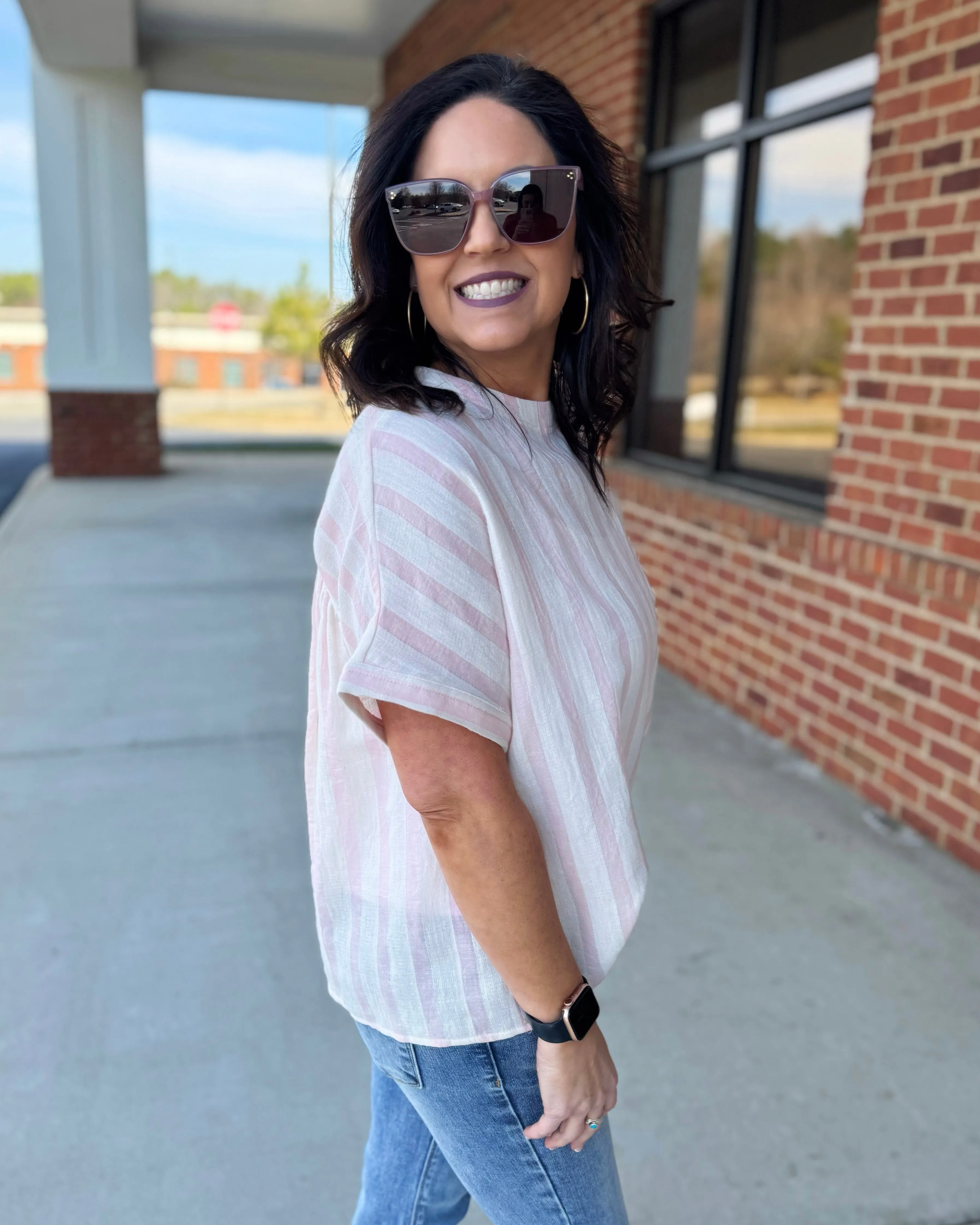 Drew Stripe Blouse in Vacay Pink