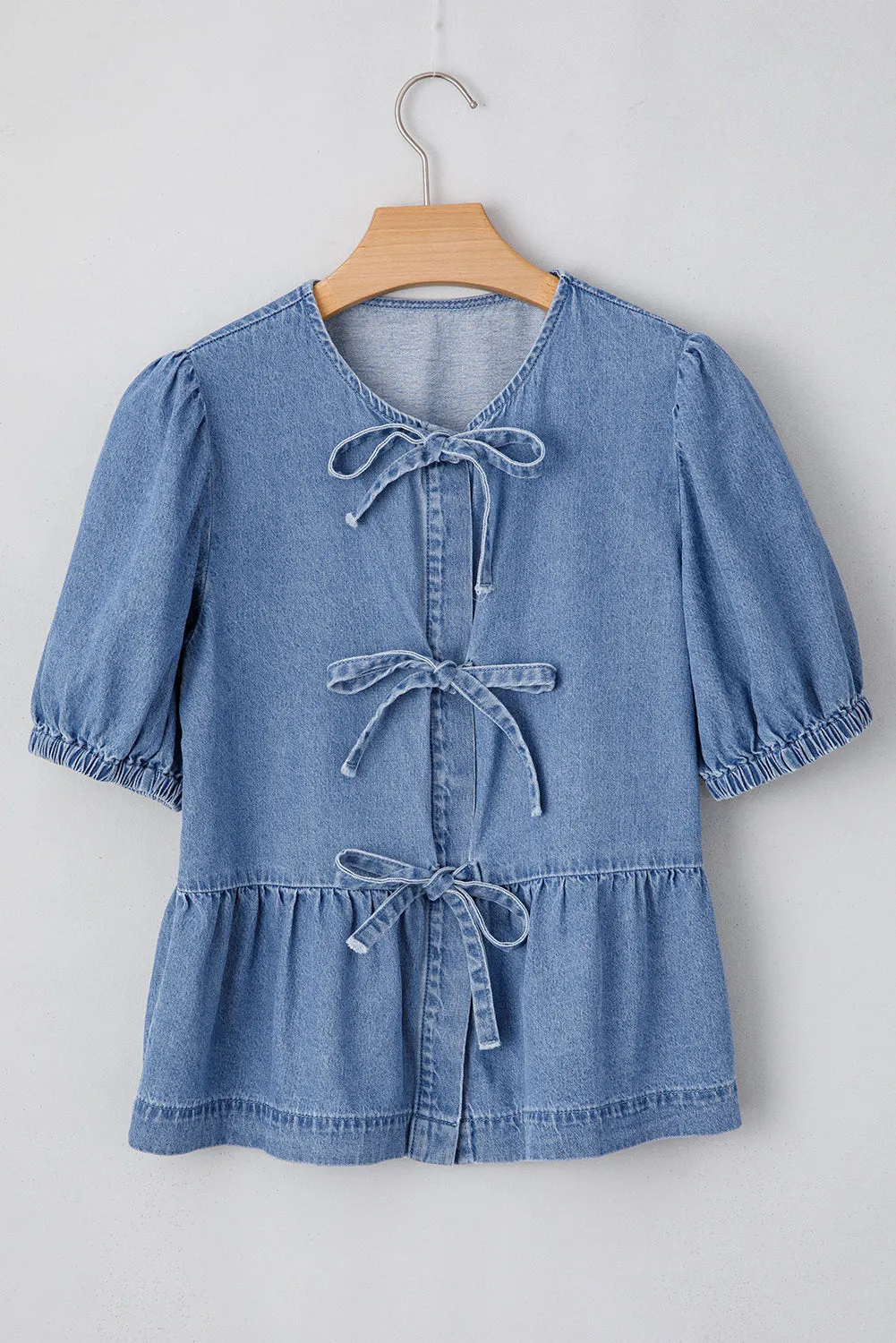 Dusk Blue Tied Front Bubble Sleeve Peplum Denim Shirt