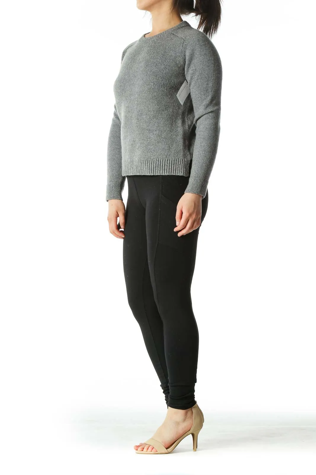 Gray Fitted Wool Crew-Neck Sweater