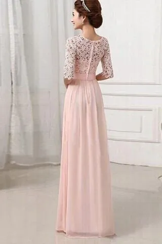 Half Sleeves Pink Lace Chiffon Bridesmaid Dresses,Simple Prom Dresses PFB0116