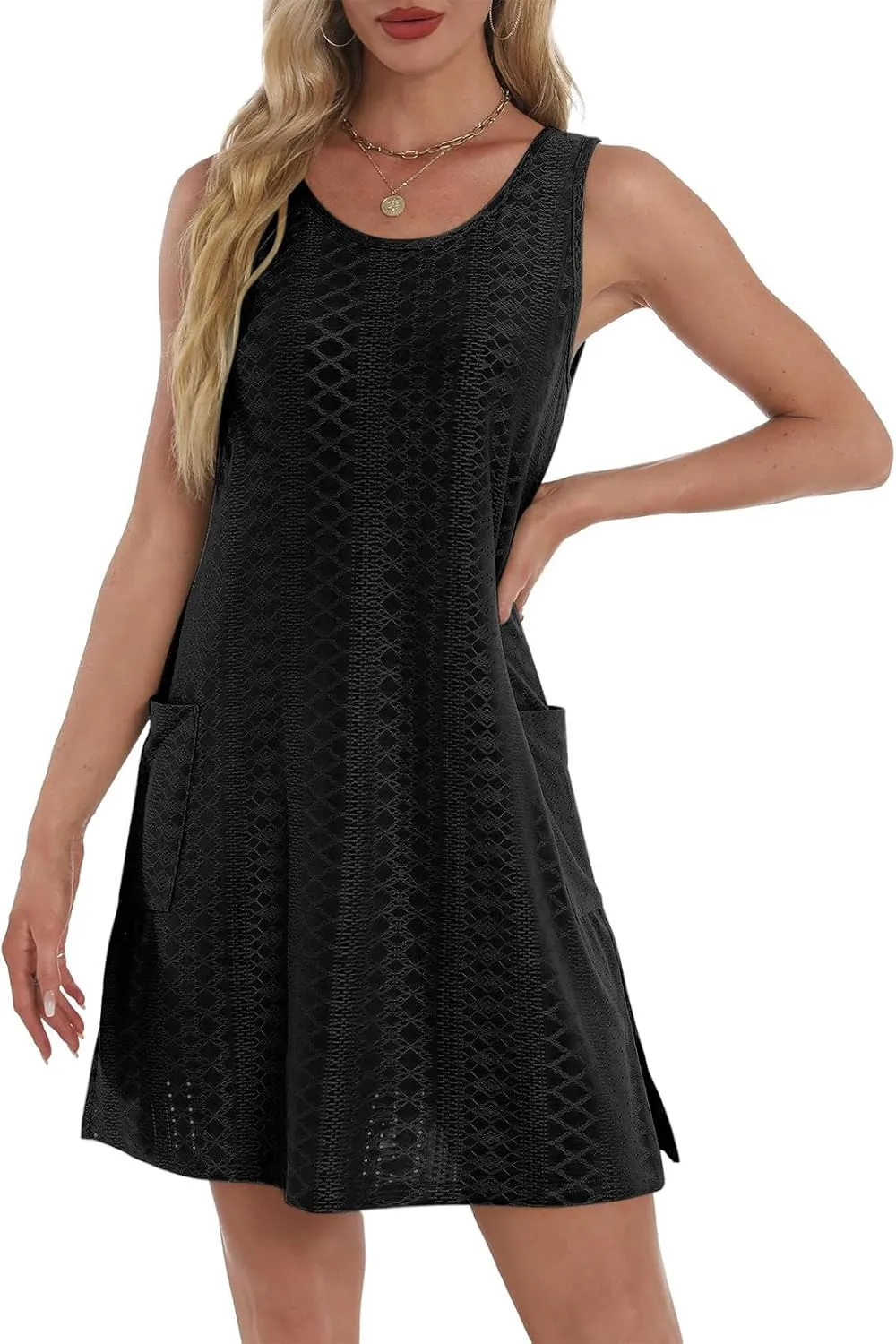 hlysgo Coverup Summer Dresses for Women 2025 Eyelet Casual Loose Sleeveless Mini Sundresses Beach Tank Dresses with Pockets