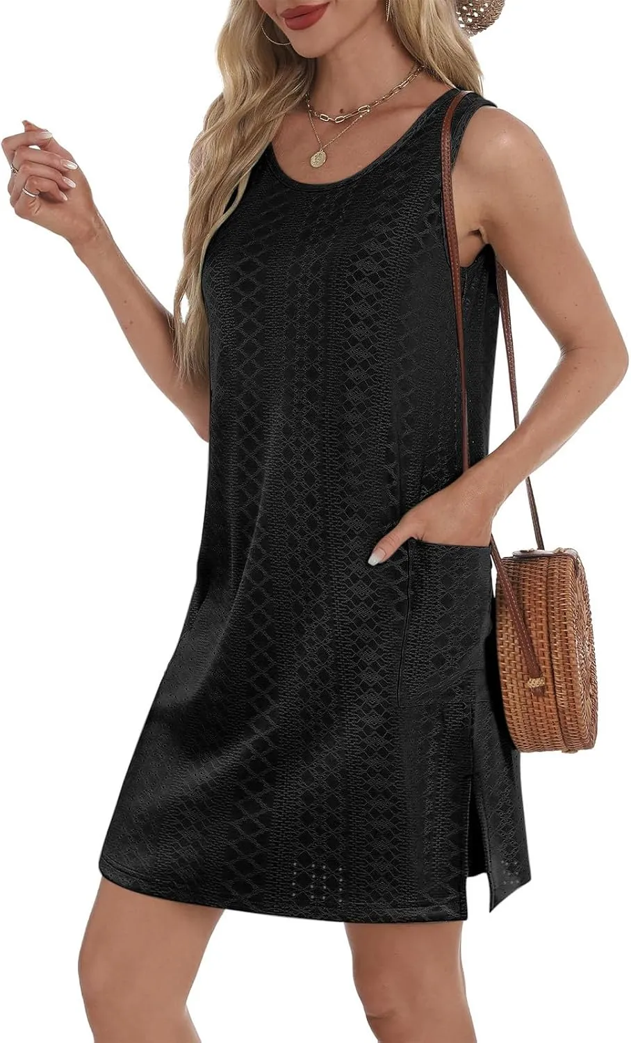 hlysgo Coverup Summer Dresses for Women 2025 Eyelet Casual Loose Sleeveless Mini Sundresses Beach Tank Dresses with Pockets