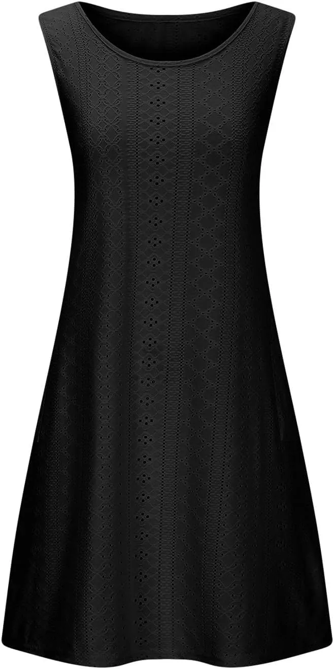 hlysgo Coverup Summer Dresses for Women 2025 Eyelet Casual Loose Sleeveless Mini Sundresses Beach Tank Dresses with Pockets