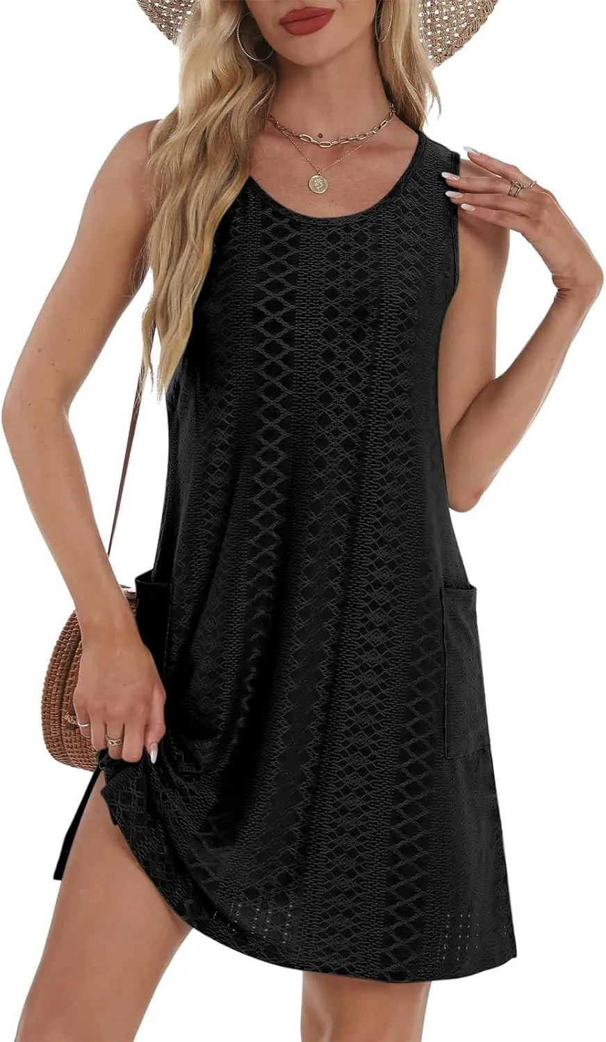 hlysgo Coverup Summer Dresses for Women 2025 Eyelet Casual Loose Sleeveless Mini Sundresses Beach Tank Dresses with Pockets