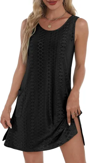hlysgo Coverup Summer Dresses for Women 2025 Eyelet Casual Loose Sleeveless Mini Sundresses Beach Tank Dresses with Pockets
